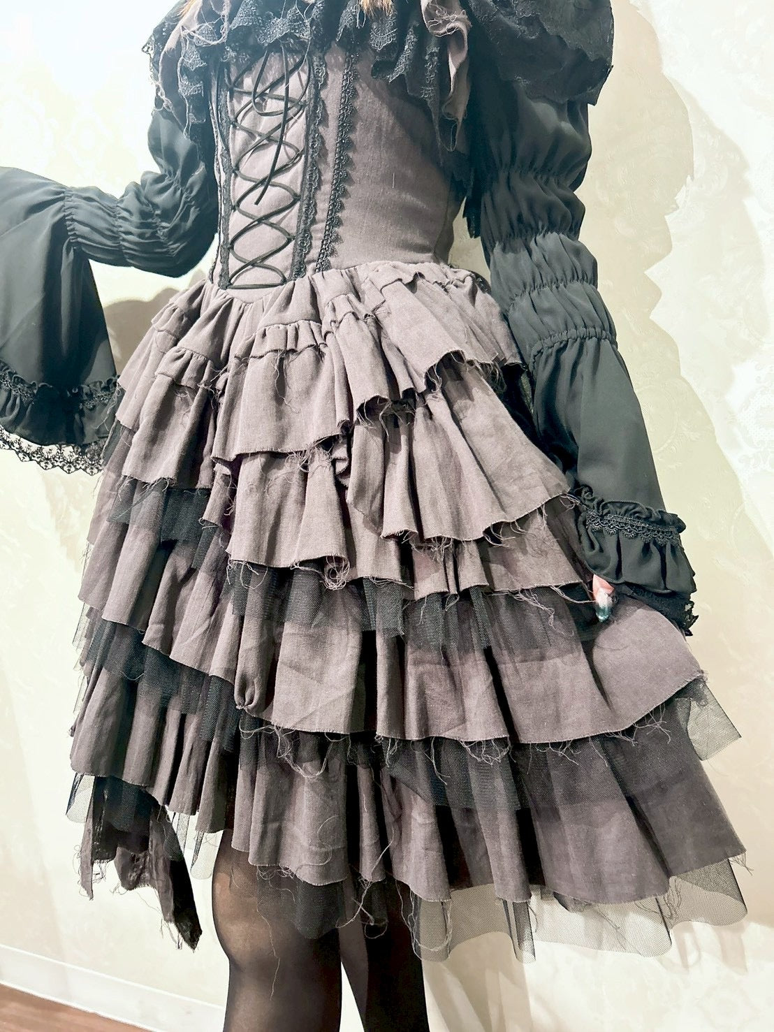 【Vallée lys】ヴァレリス Nonette Gauze Jumperskirt ボルドー/グレー/ブラック サイズ1