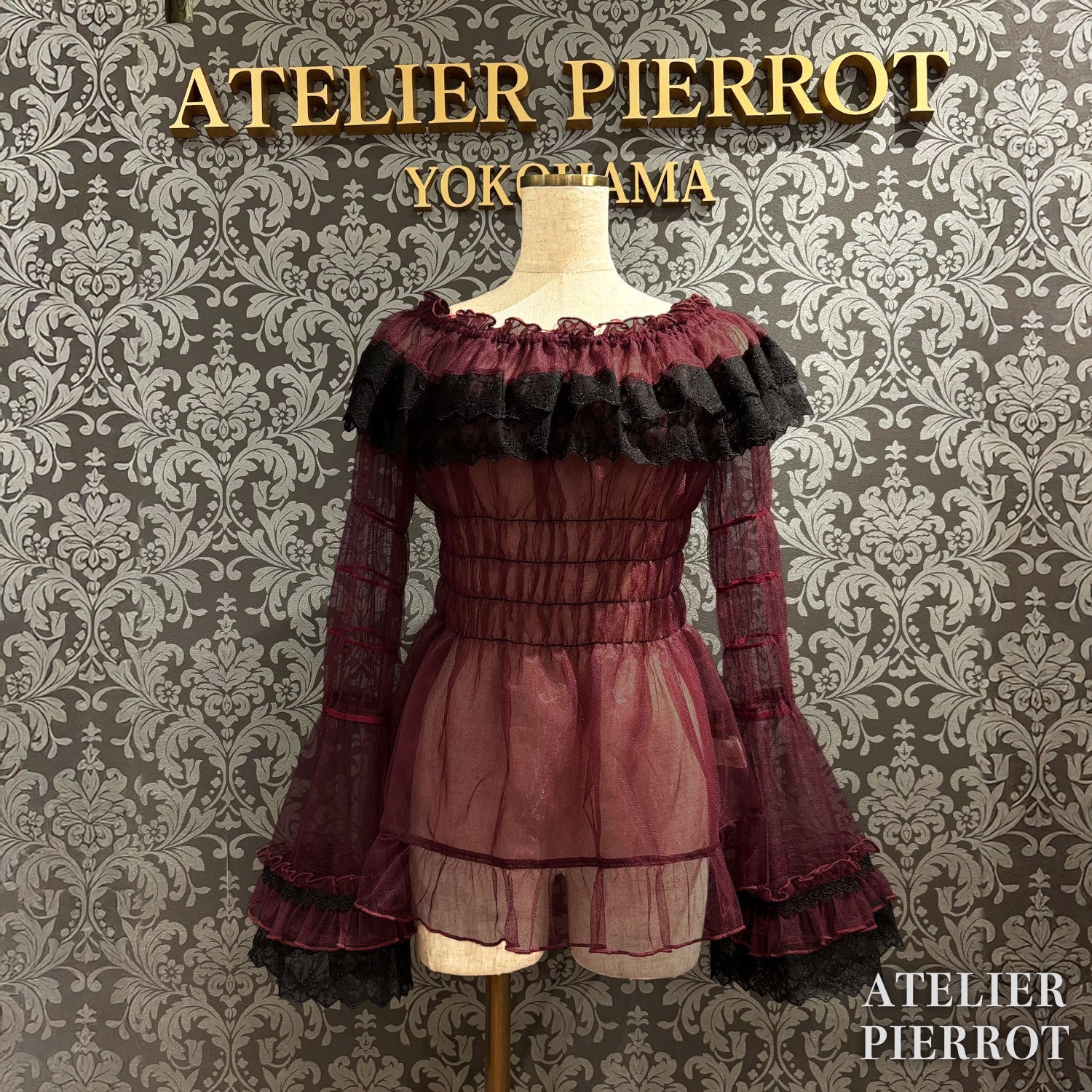 【ATELIER PIERROT】 Sheer Off-Shoulder Shirring Blouse ホワイト/ピンク/グレー/ボルドー/パープル/ブラック
