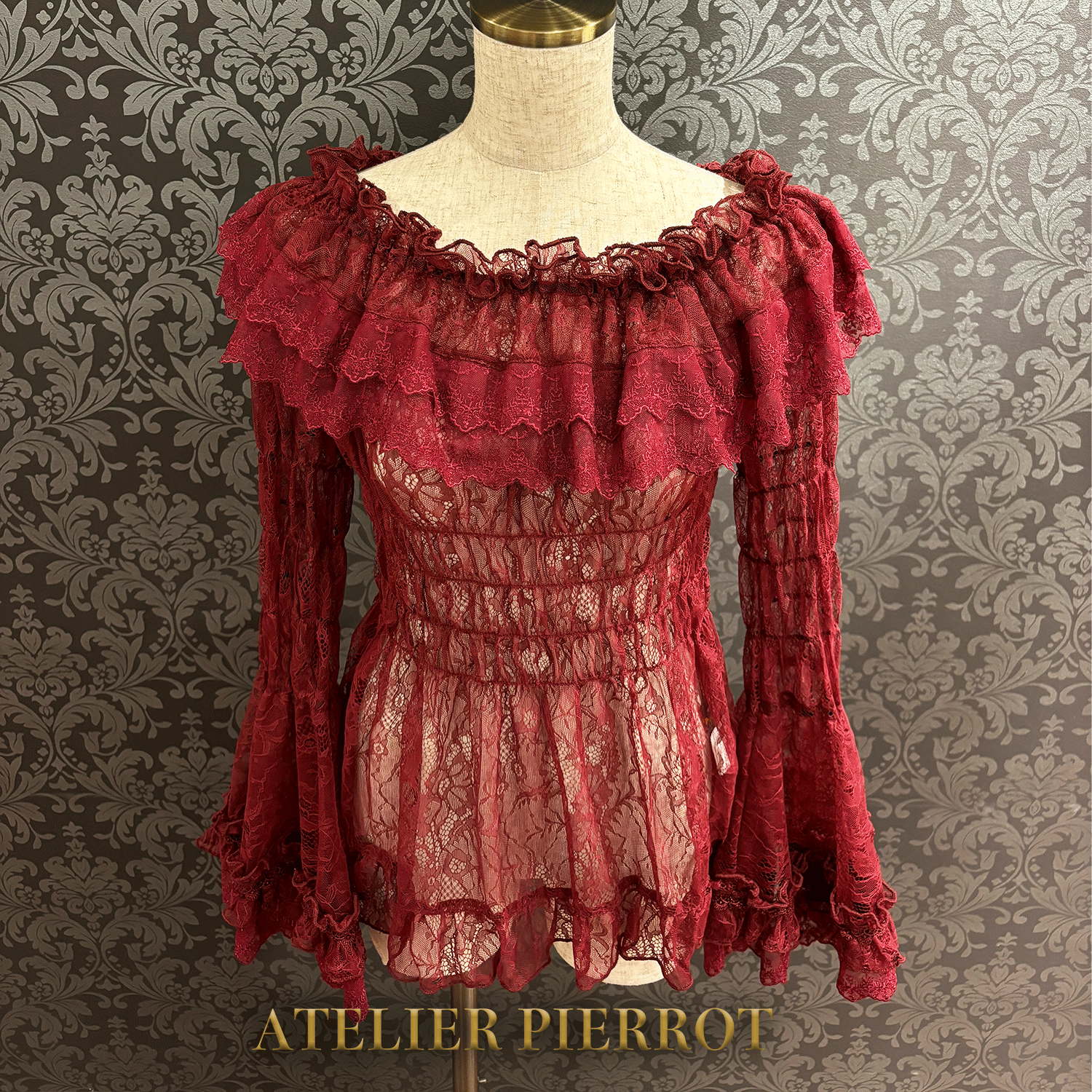 【ATELIER PIERROT】 Shirring princess sleeve blouse-Lace- White/Ivory/Bordeaux/Navy/ Black