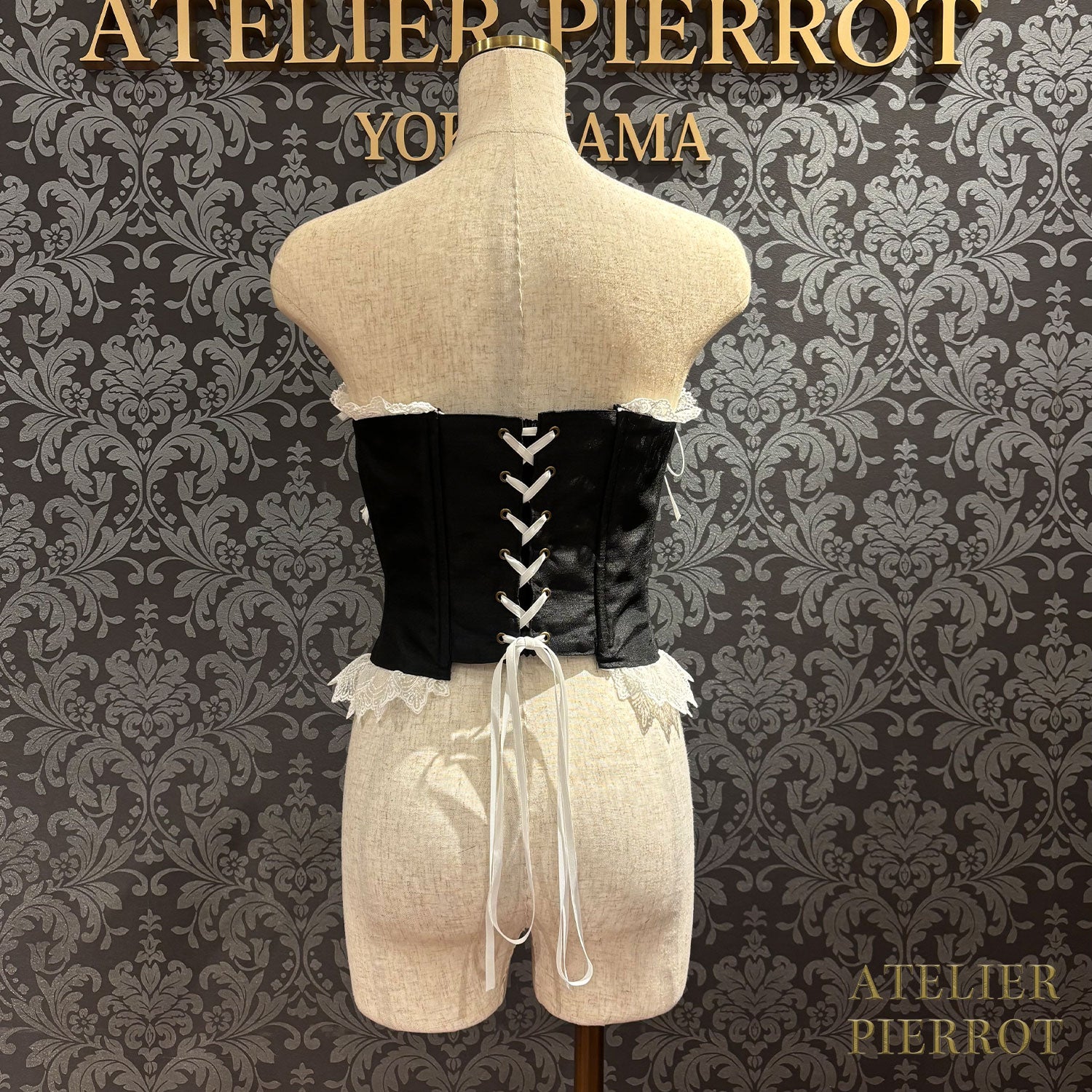 【ATELIER PIERROT】帶長緊身胸衣(Shantan織物)白色/黑色X白色/黑色