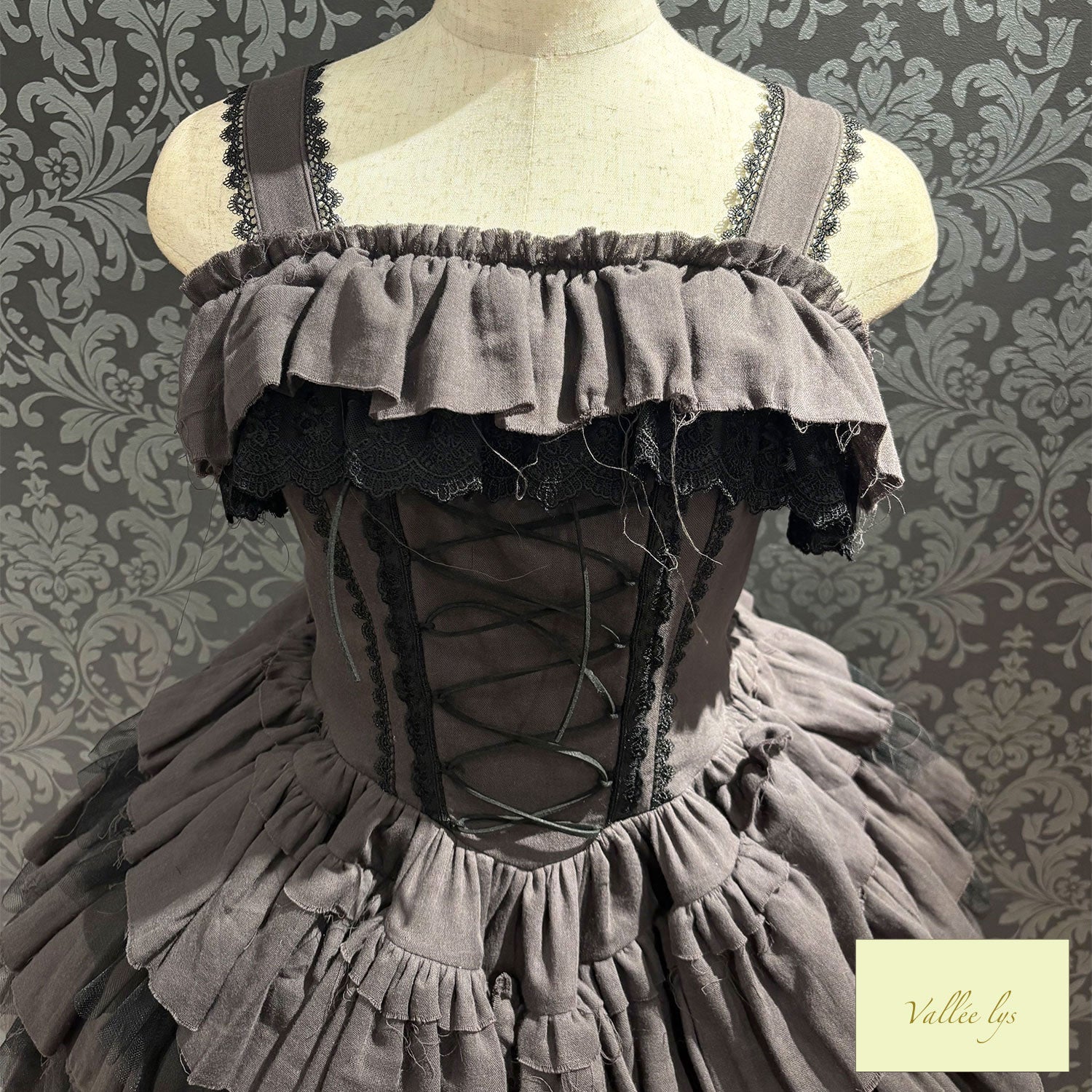 【Vallée lys】ヴァレリス Nonette Gauze Jumperskirt ボルドー/グレー/ブラック サイズ1