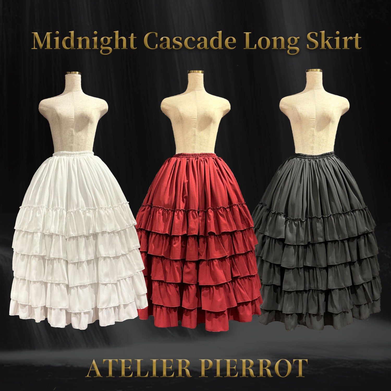 【ATELIER PIERROT】 Midnight Cascade Long Skirt White/Bordeaux/Black