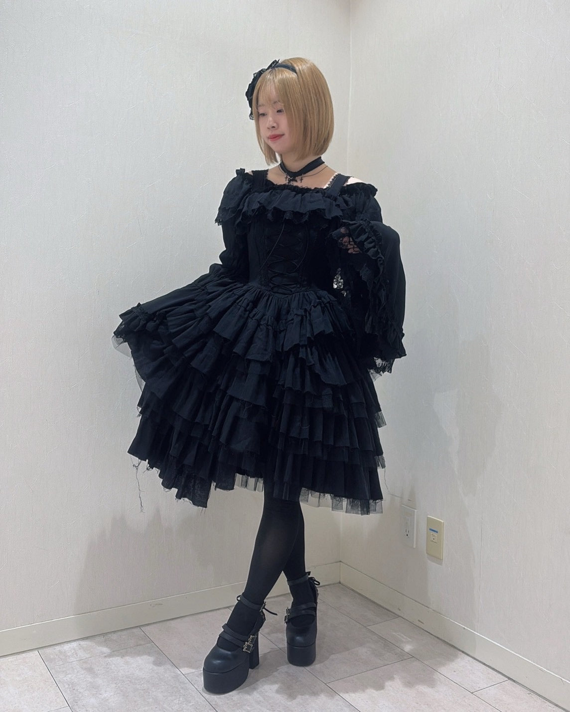 【Vallée lys】ヴァレリス Nonette Gauze Jumperskirt ボルドー/グレー/ブラック サイズ1