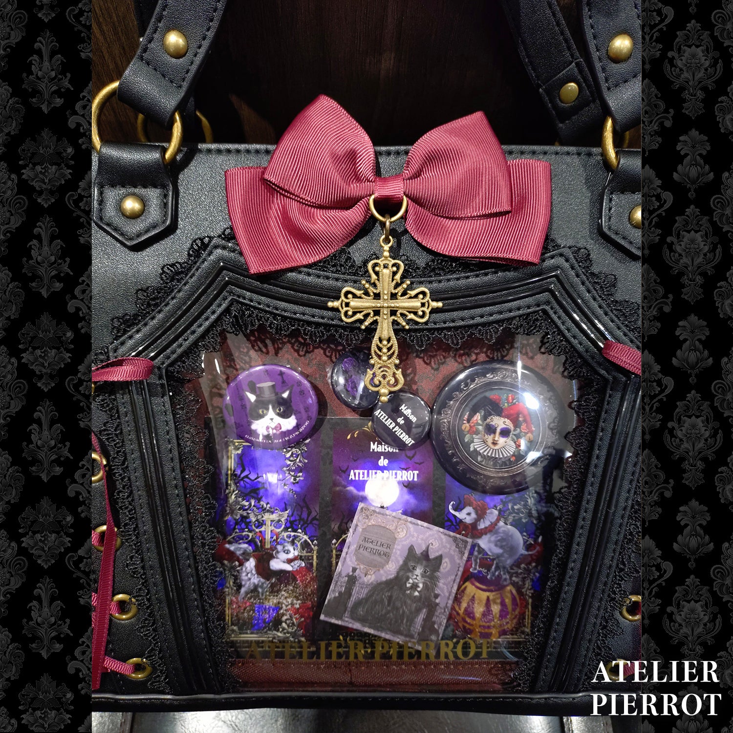 【ATELIER PIERROT】 ★ご予約受付中★ “Secret Reliquary” Lace-Up Bag ホワイト/ブラック×ボルドー/ブラック