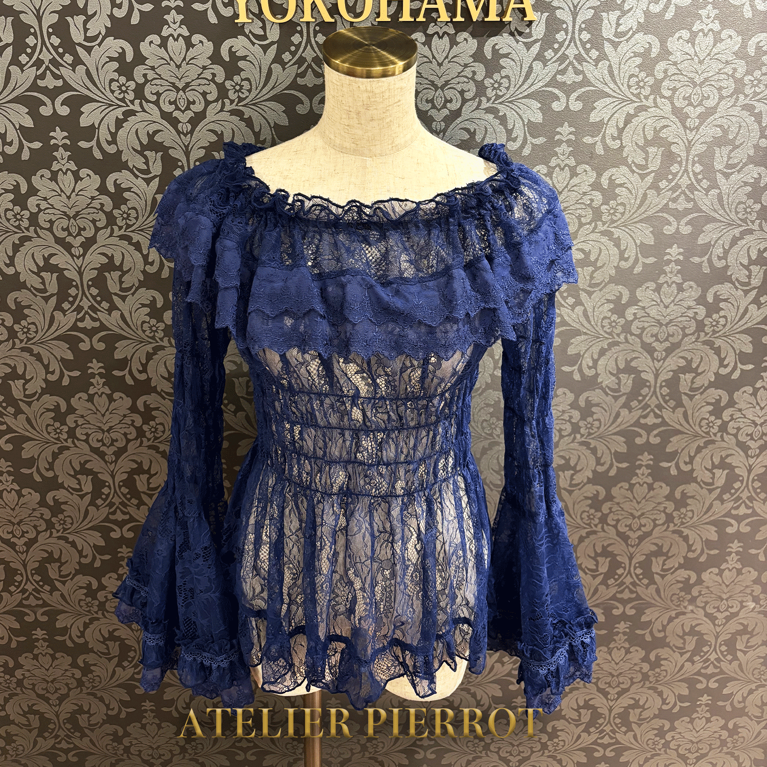 【ATELIER PIERROT】 Shirring princess sleeve blouse-Lace- White/Ivory/Bordeaux/Navy/ Black