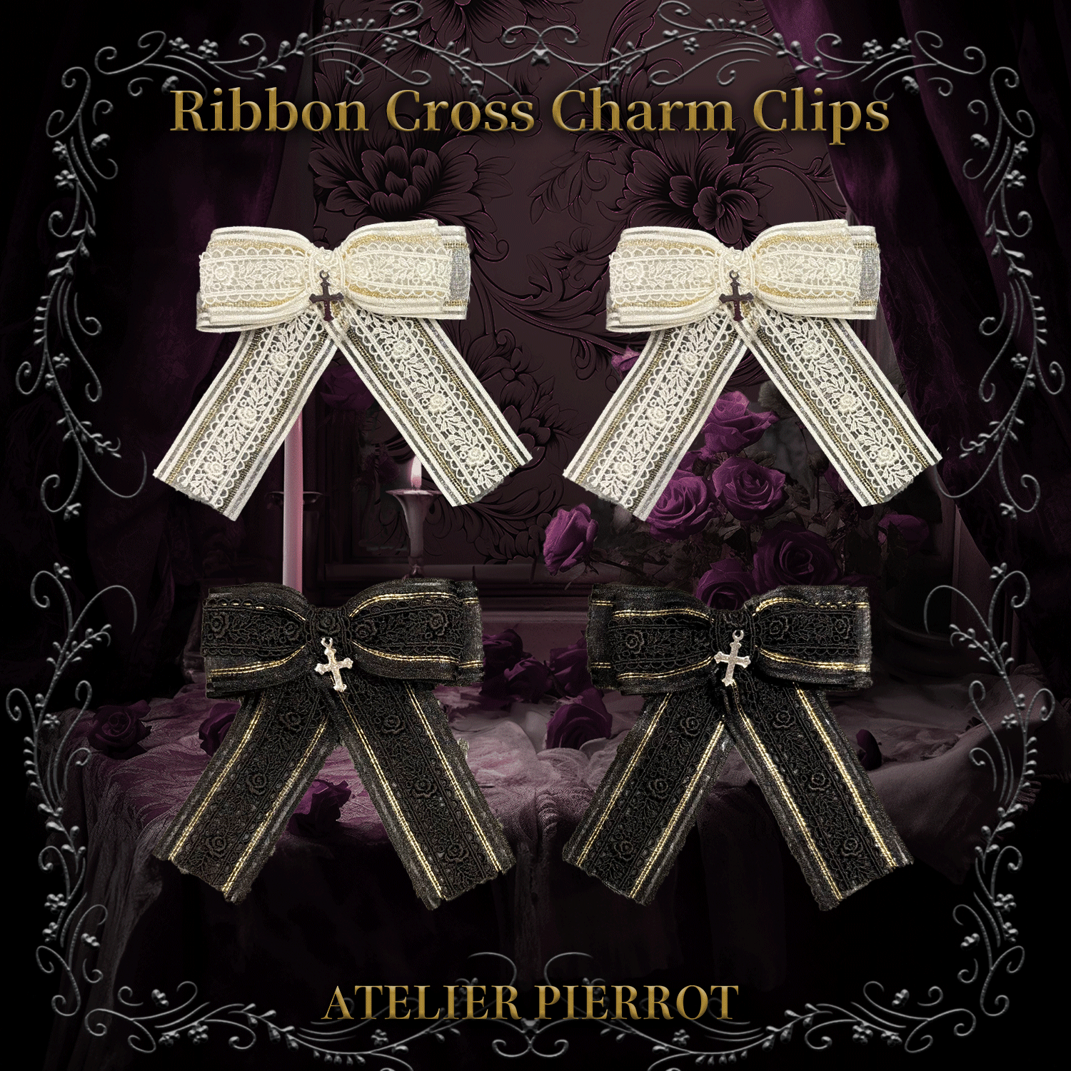 【ATELIER PIERROT】 Ribbon Cross Charm Clips White/ Black