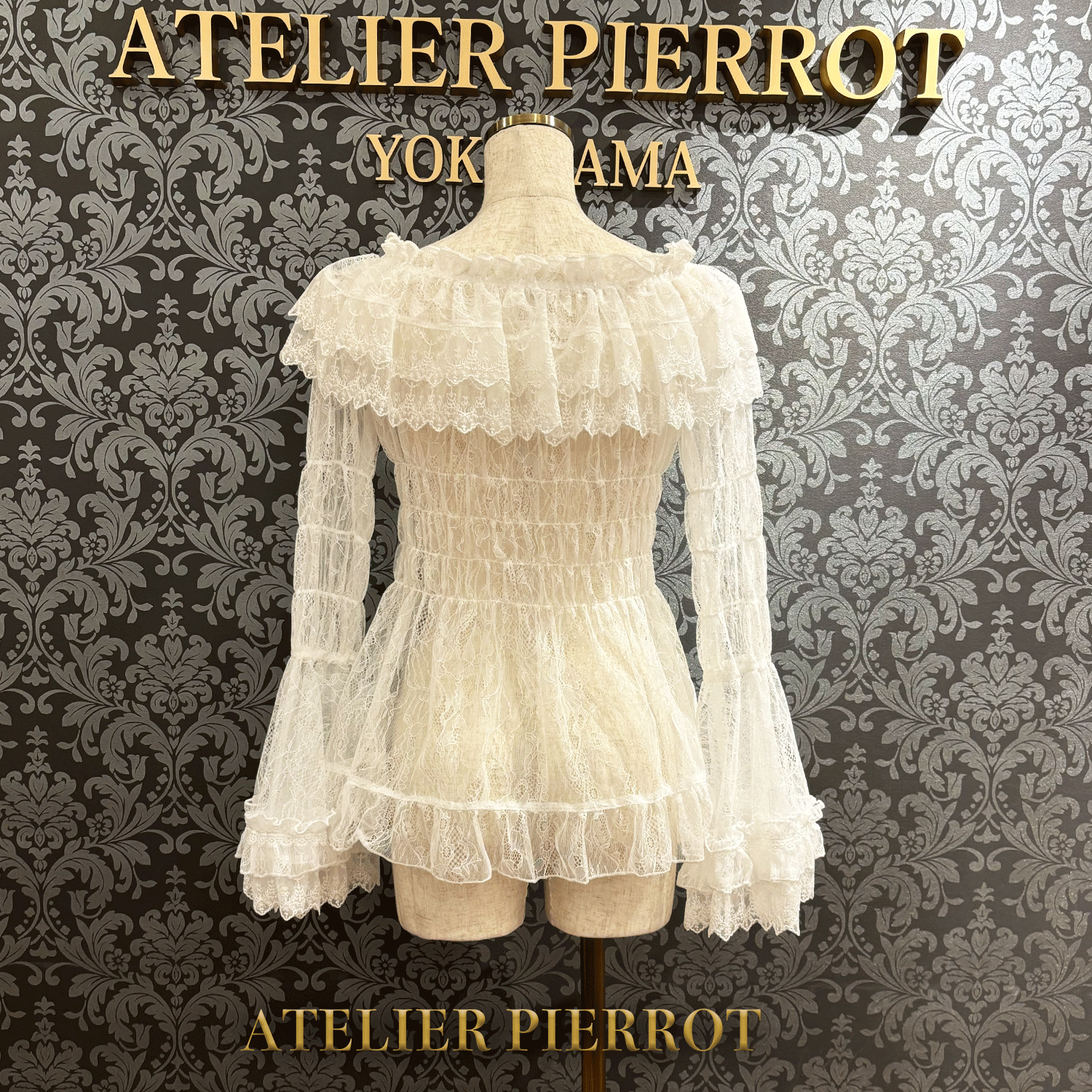 【ATELIER PIERROT】 Shirring princess sleeve blouse-Lace- White/Ivory/Bordeaux/Navy/ Black
