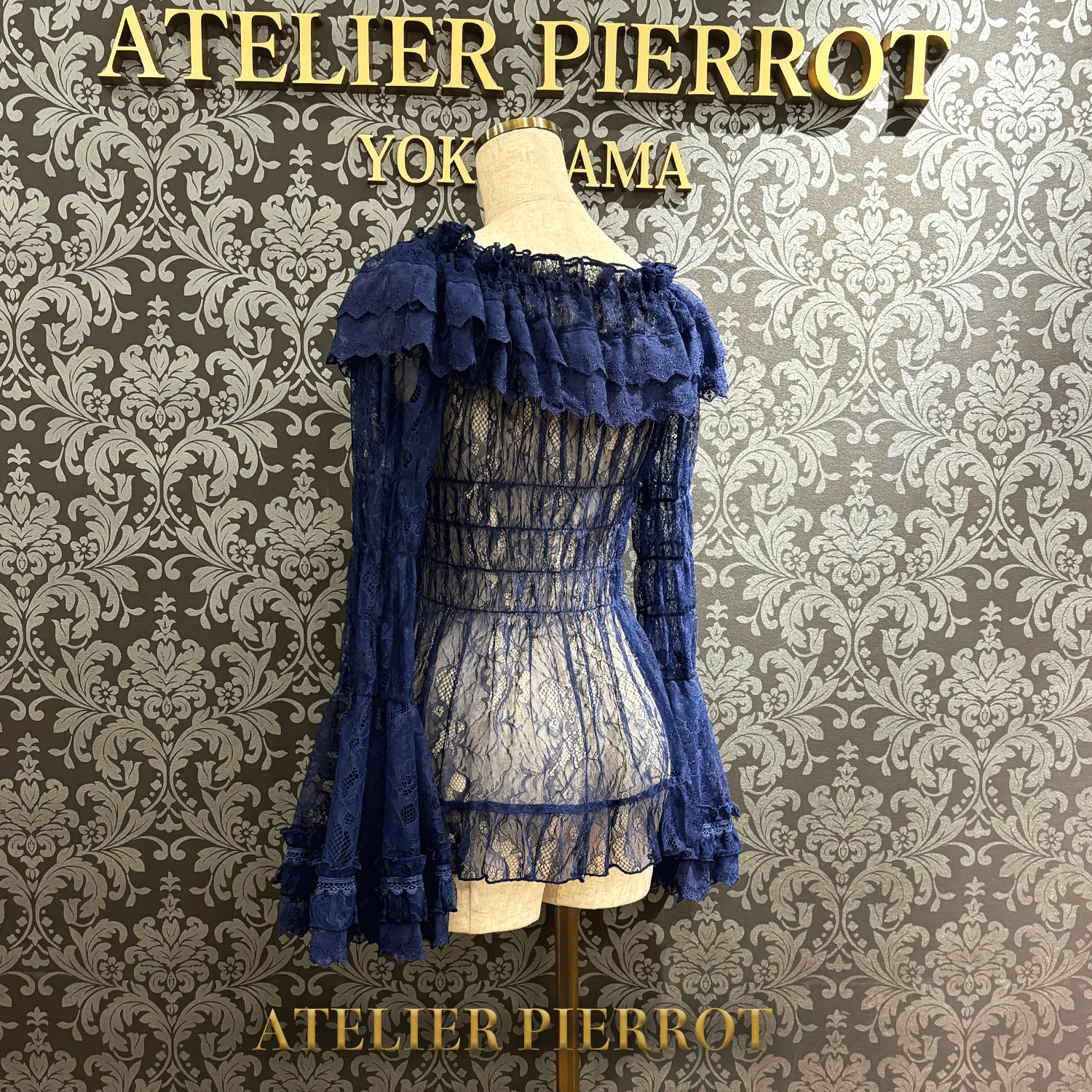 【ATELIER PIERROT】 Shirring princess sleeve blouse-Lace- White/Ivory/Bordeaux/Navy/ Black