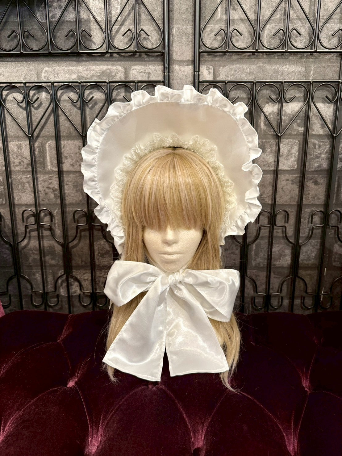 【HERHUM】ハーハム おりぼんちゃんフルボンネット(シャンタン ver.) ホワイト/ブラック×ホワイトレース/ブラック