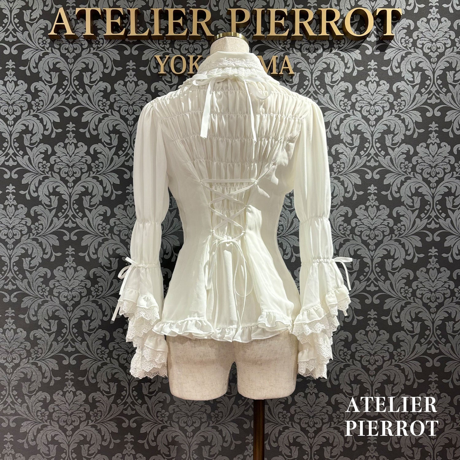 【ATELIER PIERROT】 Louise Jabot Half Sleeve Blouse White/Black