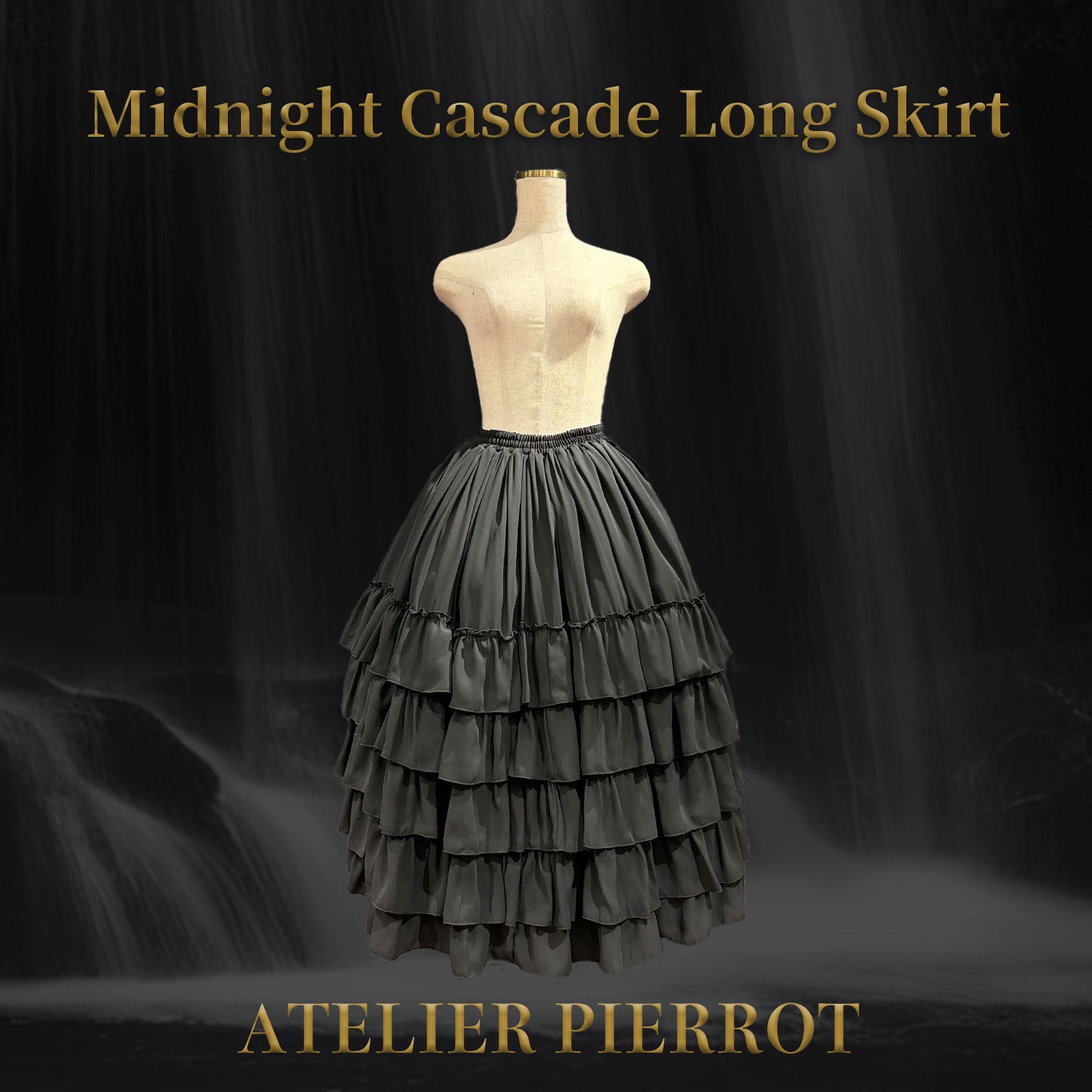 【ATELIER PIERROT】 Midnight Cascade Long Skirt White/Bordeaux/Black