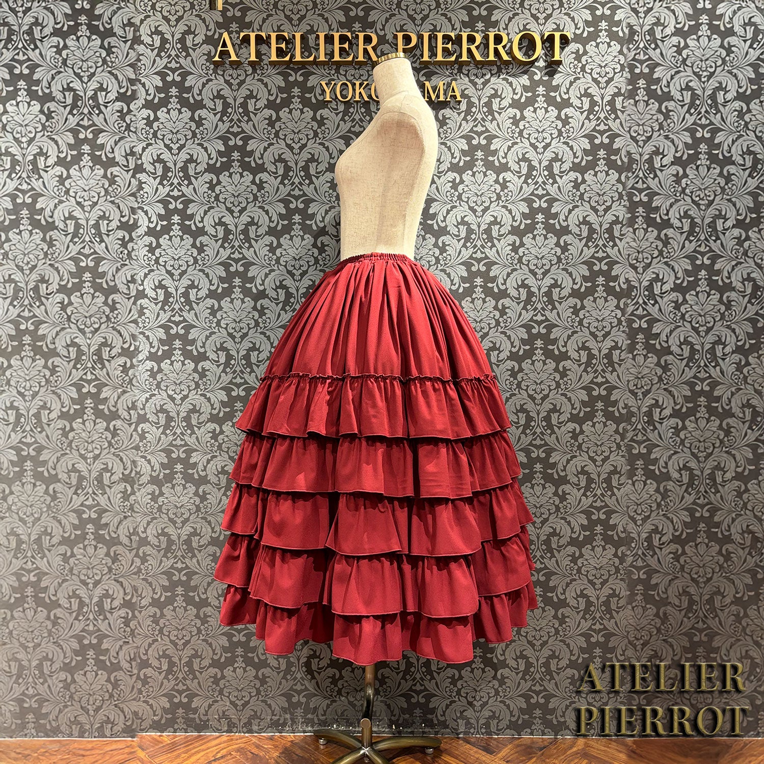 【ATELIER PIERROT】 Midnight Cascade Long Skirt White/Bordeaux/Black