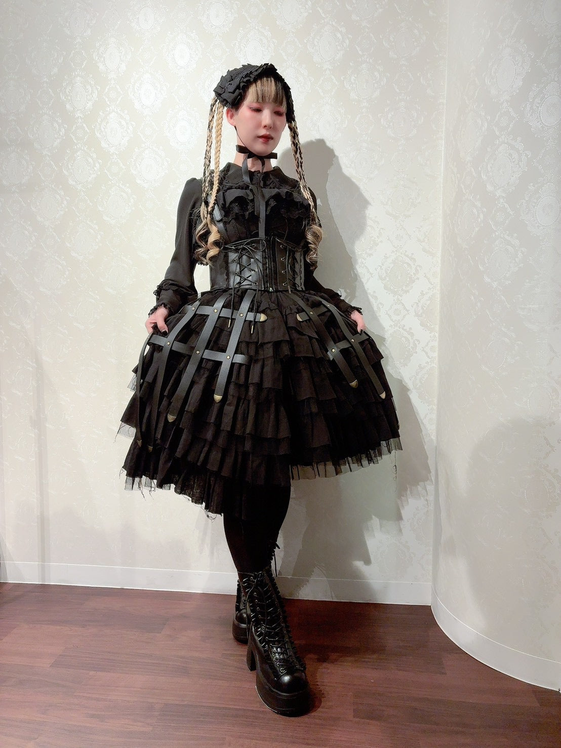 【Vallée lys】ヴァレリス Nonette Gauze Jumperskirt ボルドー/グレー/ブラック サイズ1