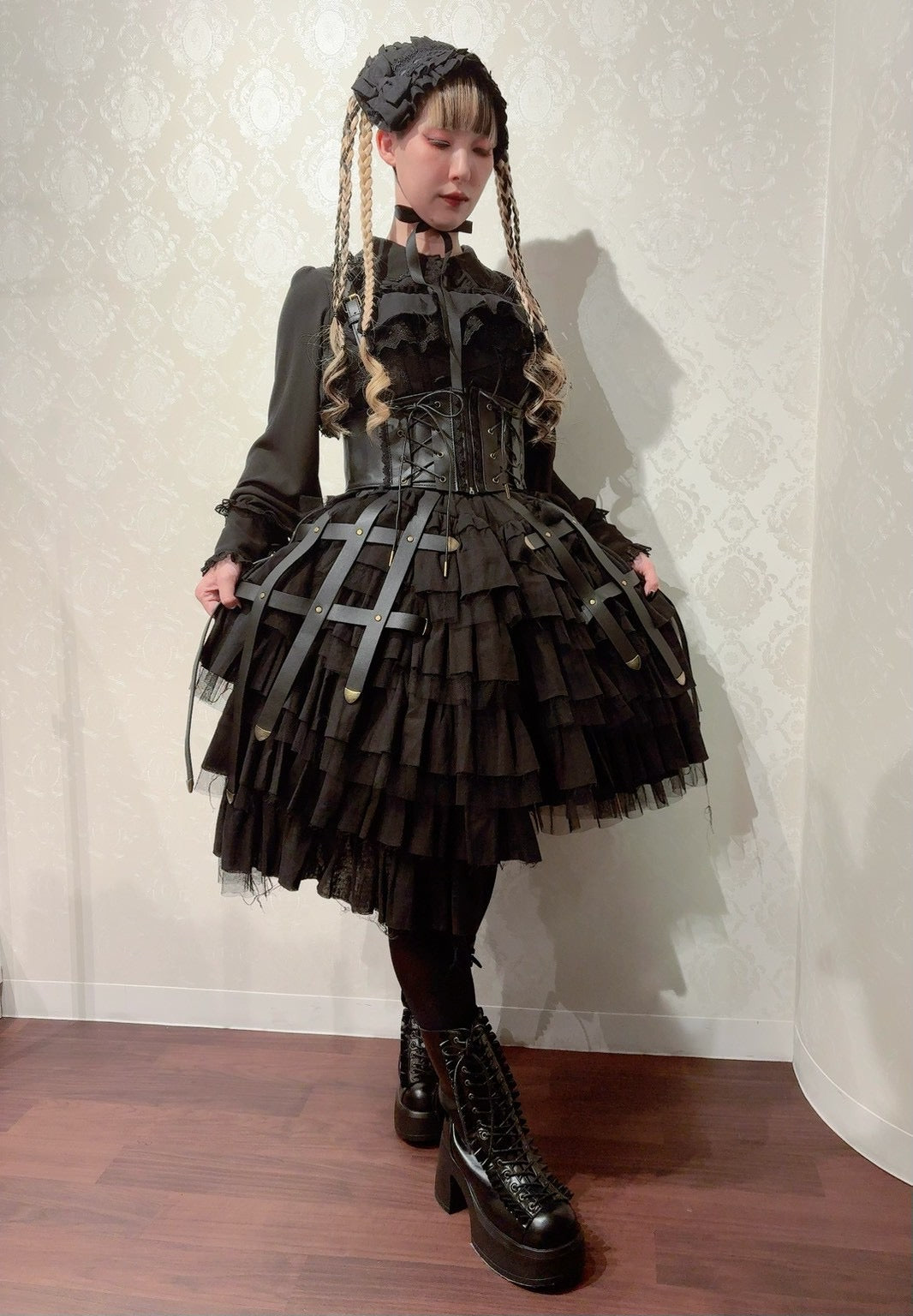 【Vallée lys】ヴァレリス Nonette Gauze Jumperskirt ボルドー/グレー/ブラック サイズ1