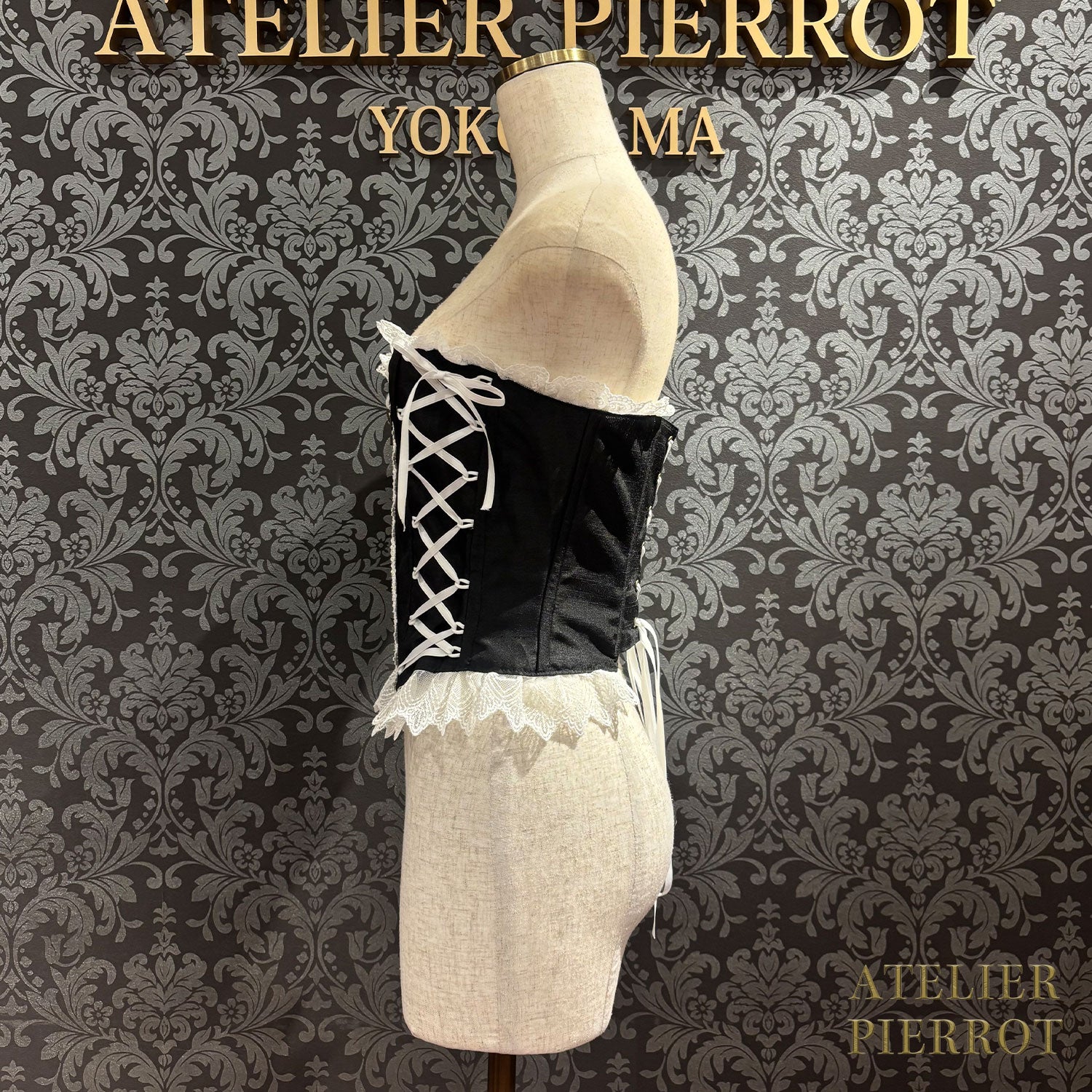 【ATELIER PIERROT】帶長緊身胸衣(Shantan織物)白色/黑色X白色/黑色