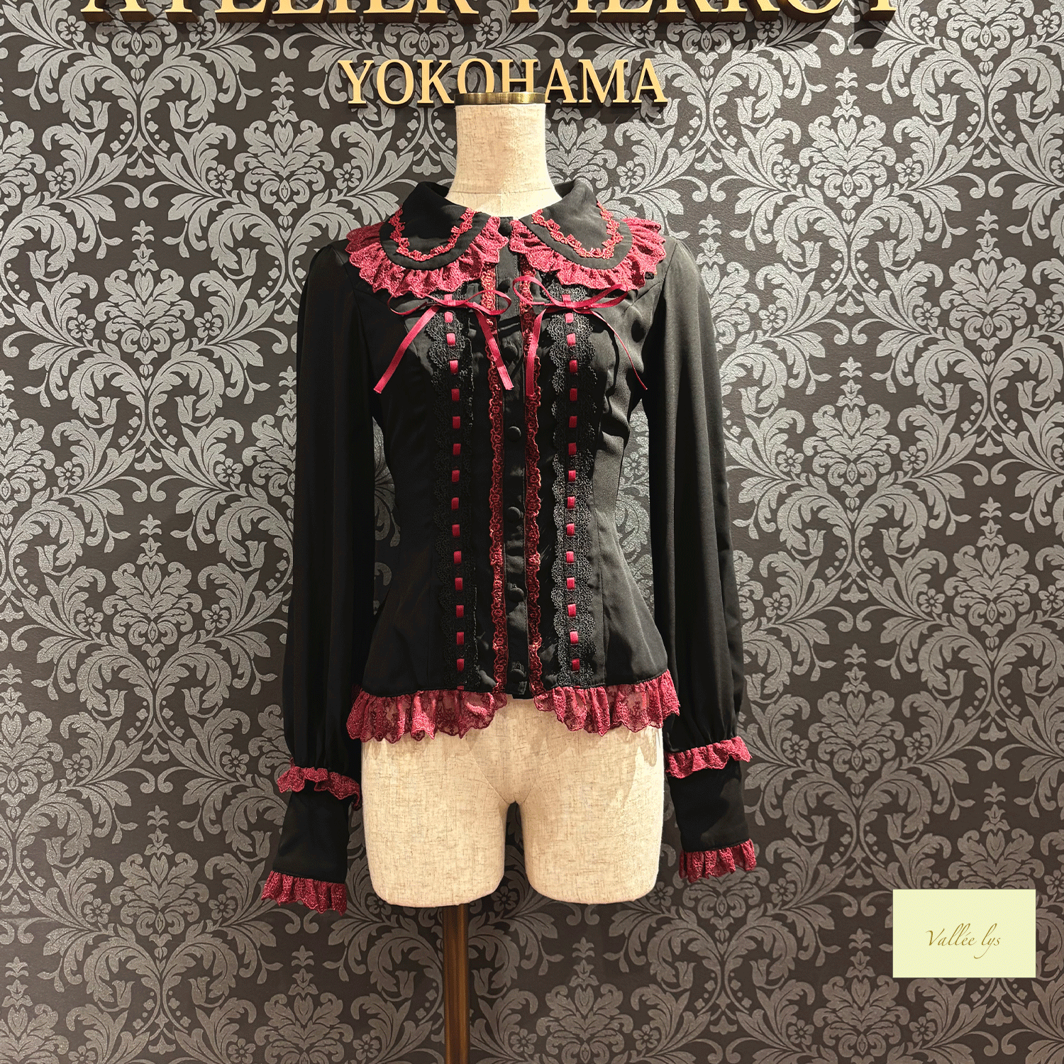 【Vallée lys】ヴァレリス Dreams Ladder Lace Long Sleeved Blouse ホワイト/ブラック×ホワイト/ブラック×ボルドー/ブラック×ネイビー/ブラック