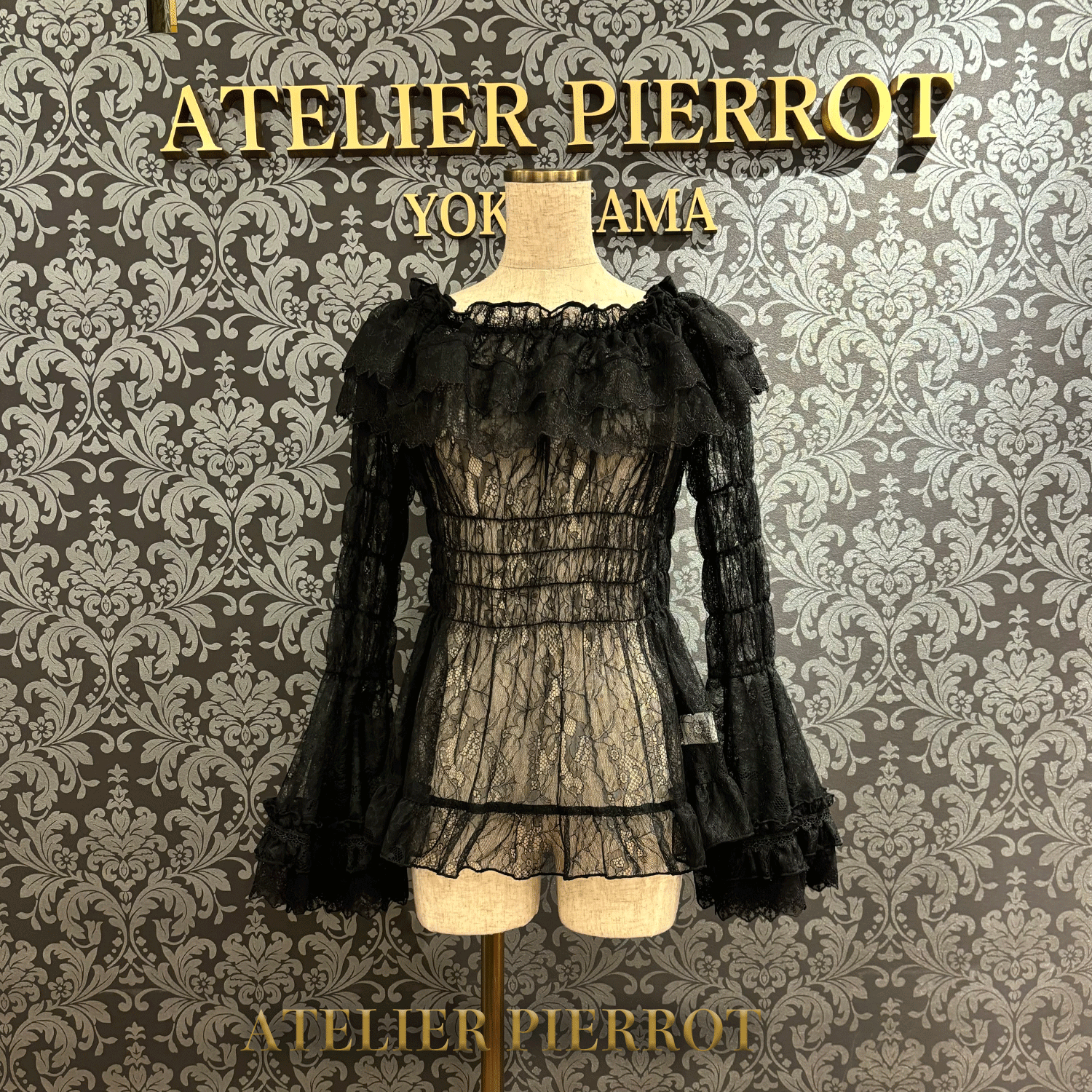 【ATELIER PIERROT】 Shirring princess sleeve blouse-Lace- White/Ivory/Bordeaux/Navy/ Black