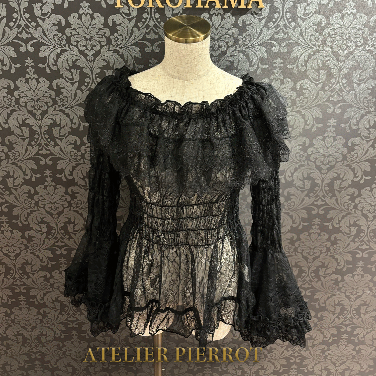 【ATELIER PIERROT】 Shirring princess sleeve blouse-Lace- White/Ivory/Bordeaux/Navy/ Black