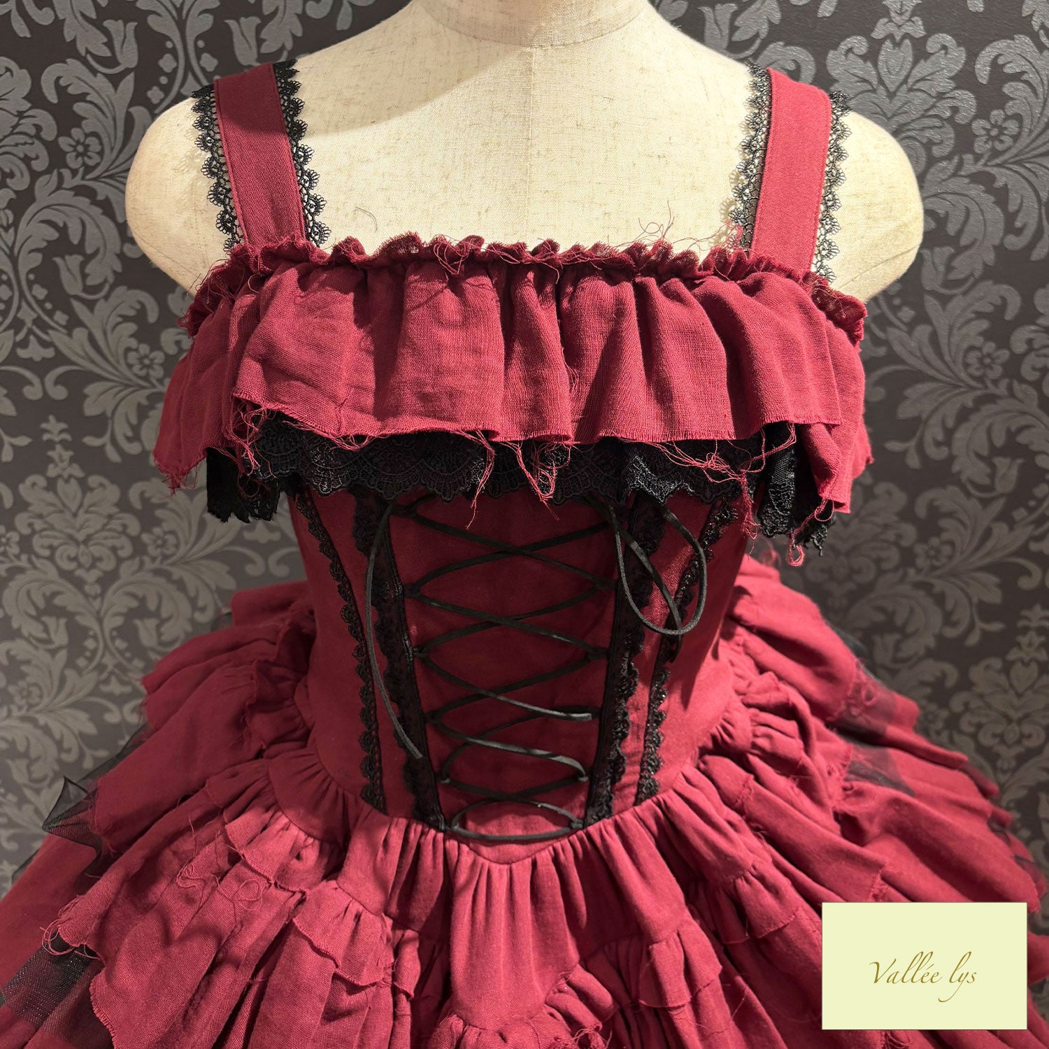【Vallée lys】ヴァレリス Nonette Gauze Jumperskirt ボルドー/グレー/ブラック サイズ1
