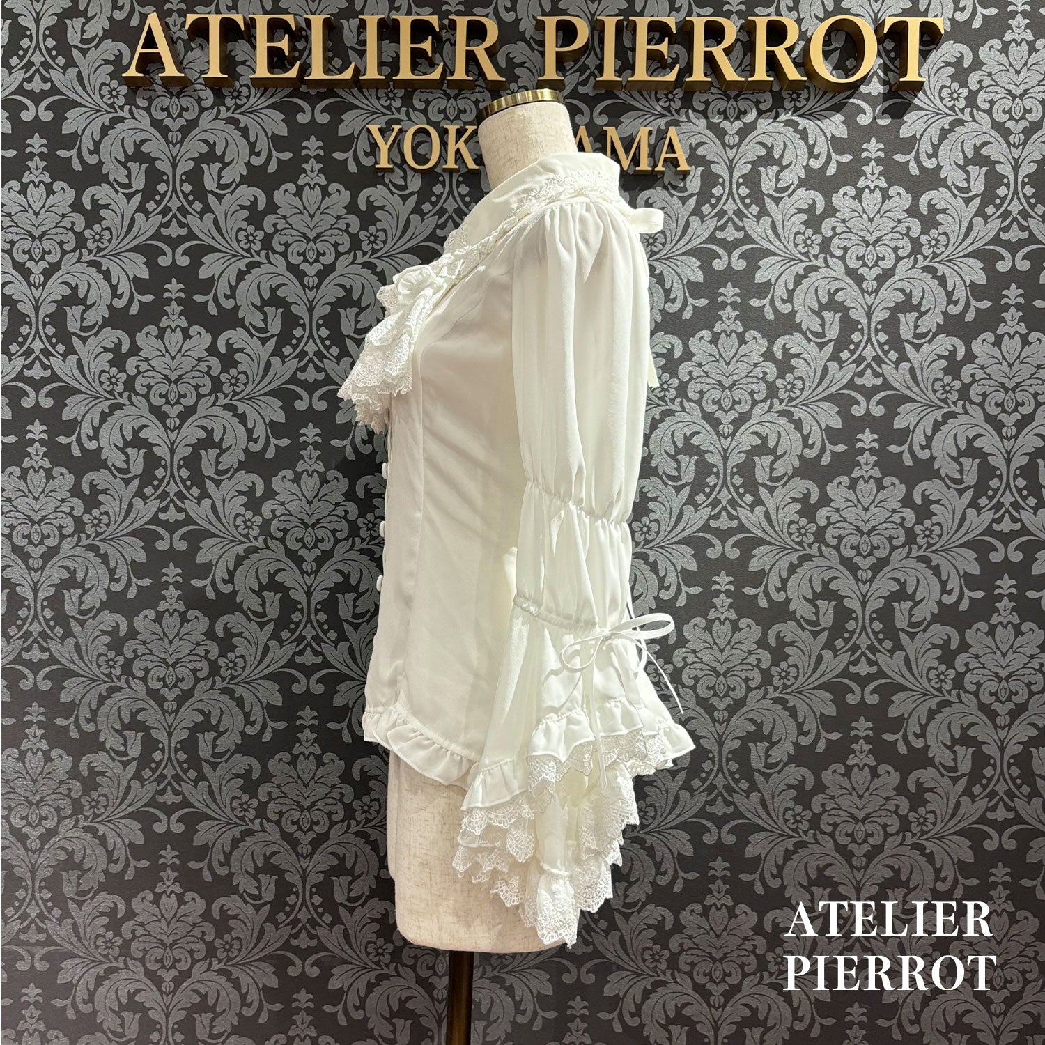 【ATELIER PIERROT】 Louise Jabot Half Sleeve Blouse White/Black