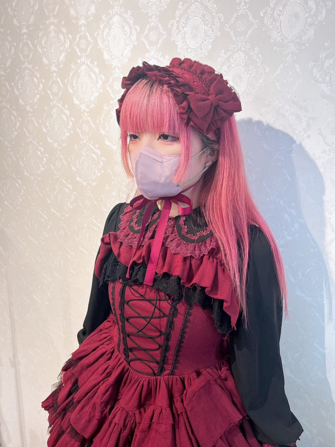 【Vallée lys】ヴァレリス Nonette Gauze Jumperskirt ボルドー/グレー/ブラック サイズ1