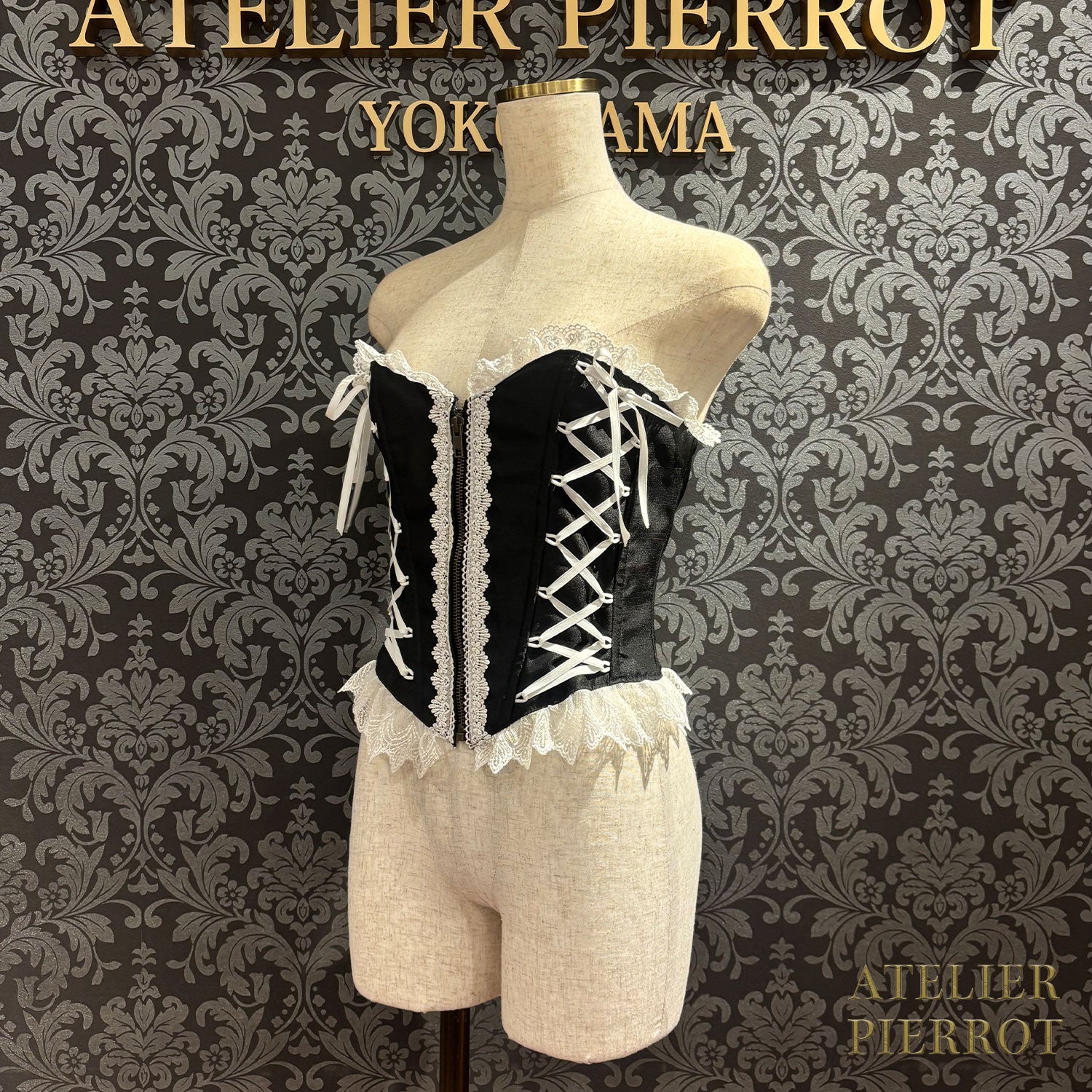 【ATELIER PIERROT】帶長緊身胸衣(Shantan織物)白色/黑色X白色/黑色