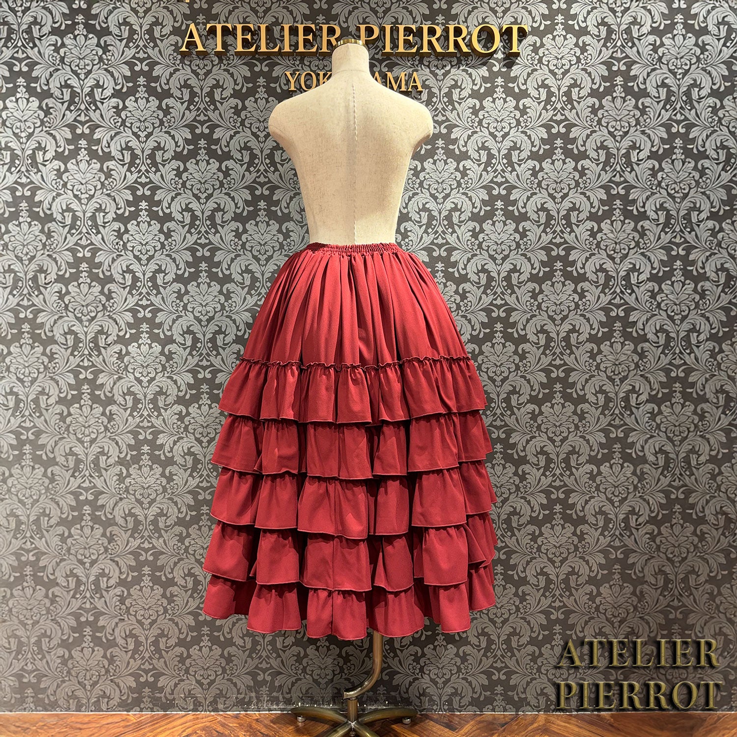 【ATELIER PIERROT】 Midnight Cascade Long Skirt White/Bordeaux/Black