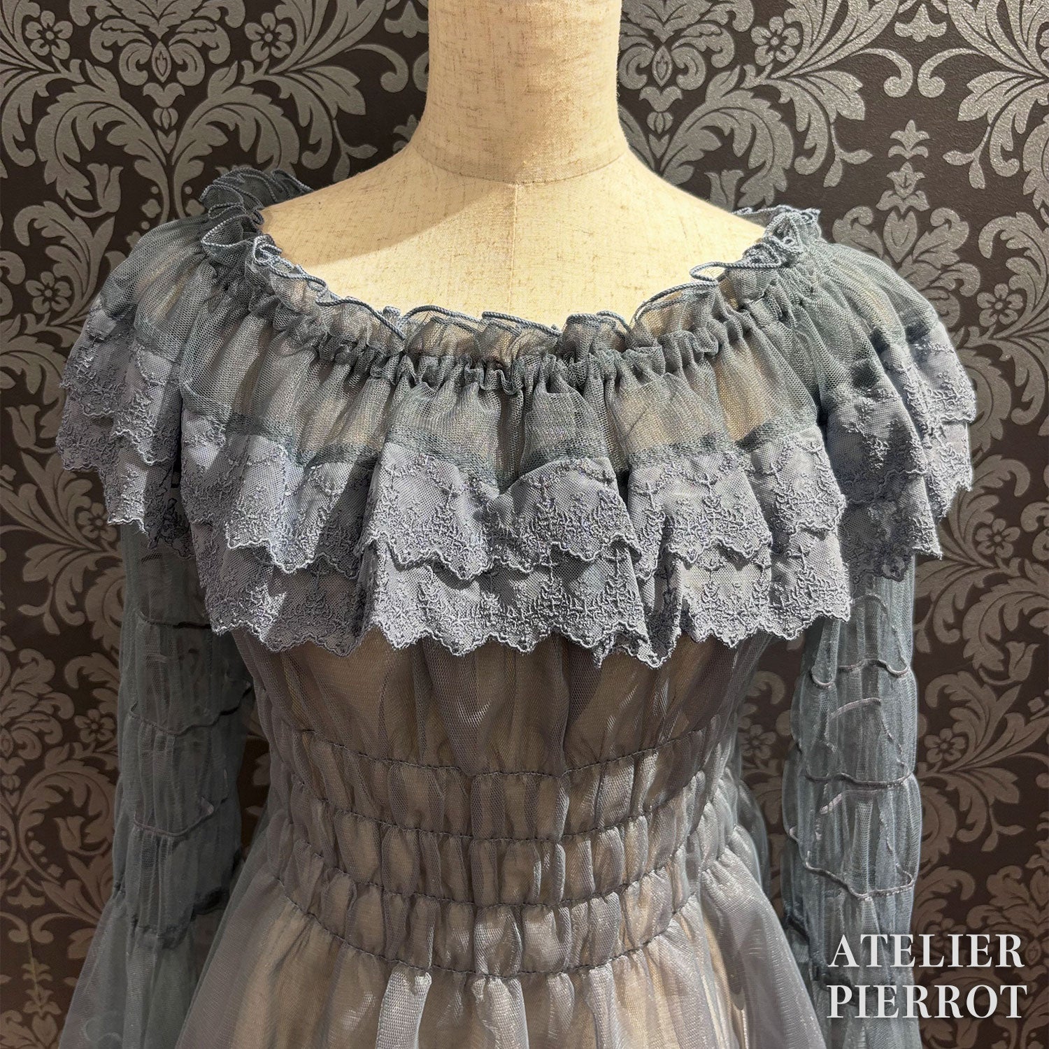 【ATELIER PIERROT】 Sheer Off-Shoulder Shirring Blouse ホワイト/ピンク/グレー/ボルドー/パープル/ブラック