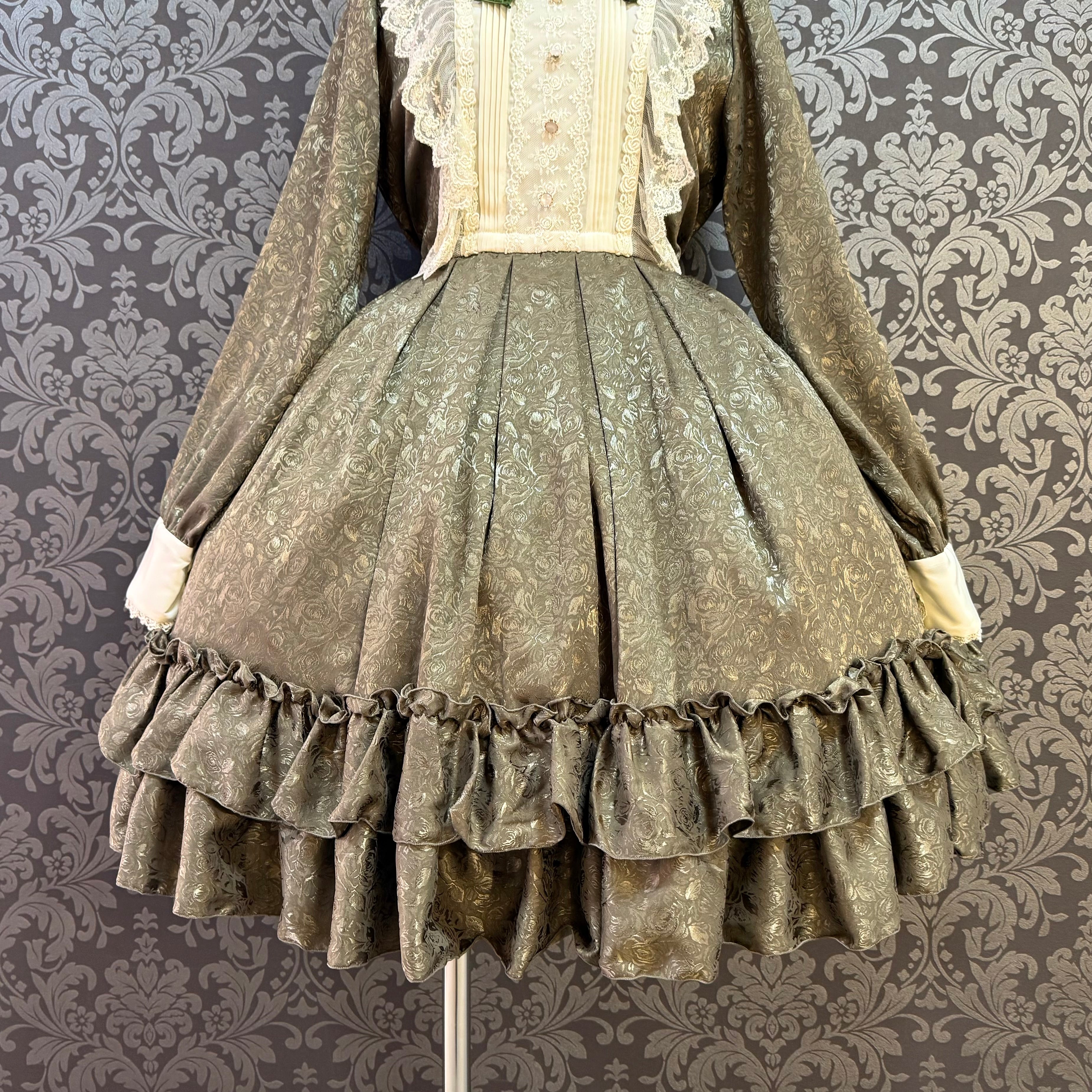 【Pina sweet collection】ピナスイートコレクション ローズジャガードワンピース アーミーグリーン/ライトグレー/サックス/ネイビー/ワイン/ブラック×ホワイト/ブラック×ブラック