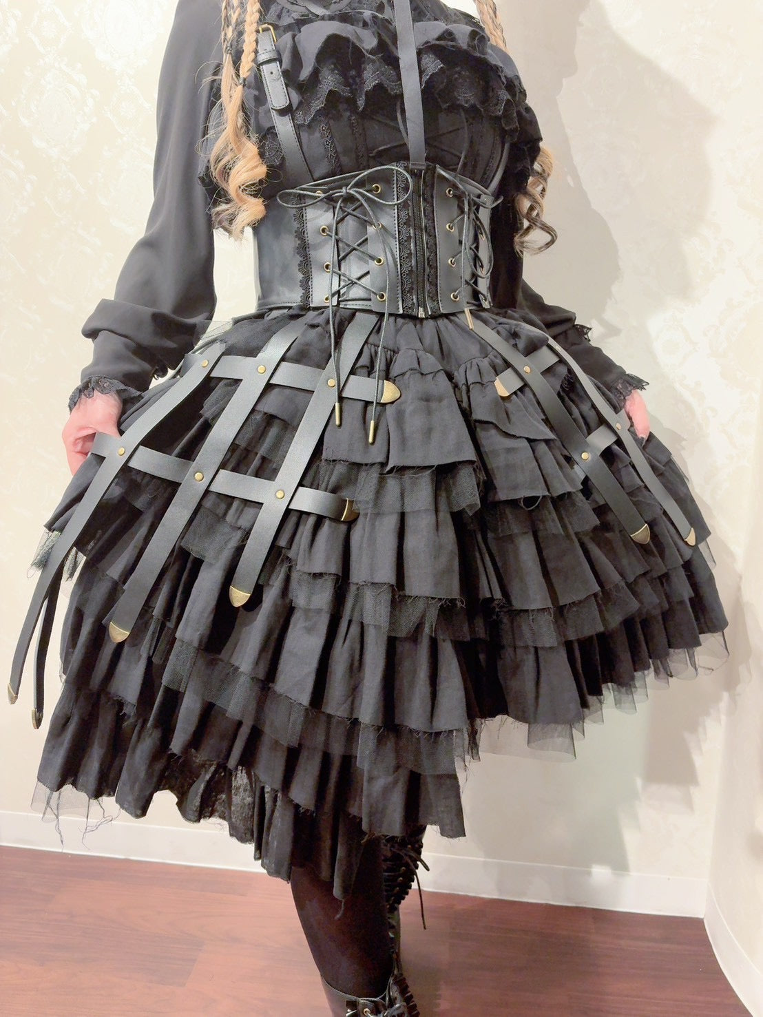 【Vallée lys】ヴァレリス Nonette Gauze Jumperskirt ボルドー/グレー/ブラック サイズ1