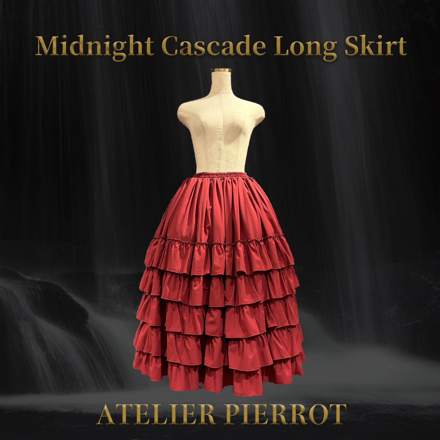 【ATELIER PIERROT】 Midnight Cascade Long Skirt White/Bordeaux/Black