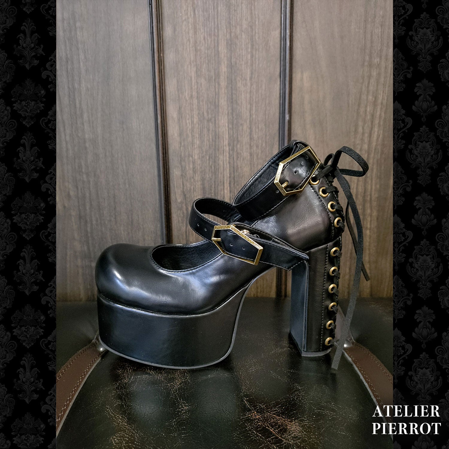 【ATELIER PIERROT】 ★ご予約受付中★ Coffin Buckle Lace-Up Platform Pumps ホワイト/ボルドー/ゴールド/ブラック S/M/L/XL