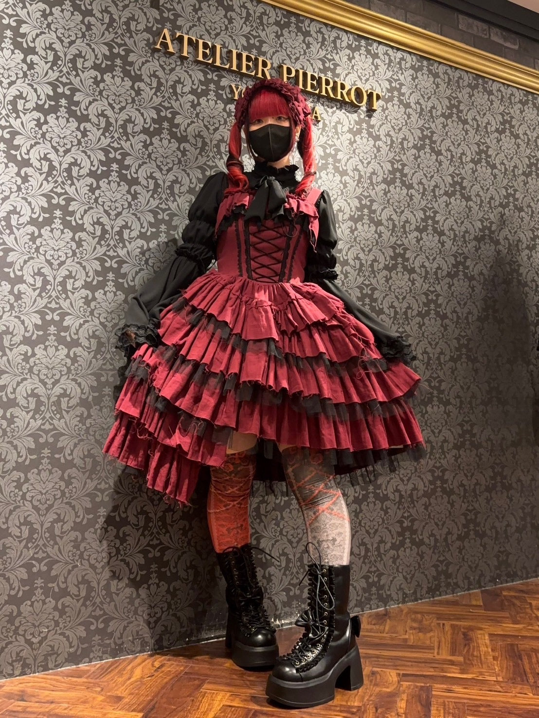 【Vallée lys】ヴァレリス Nonette Gauze Jumperskirt ボルドー/グレー/ブラック サイズ1