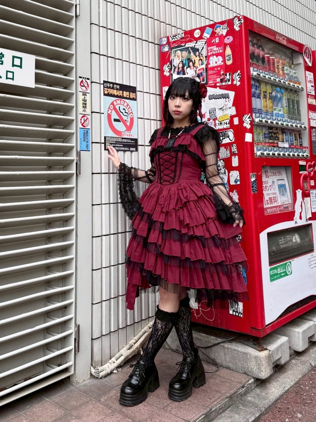 【Vallée lys】ヴァレリス Nonette Gauze Jumperskirt ボルドー/グレー/ブラック サイズ1