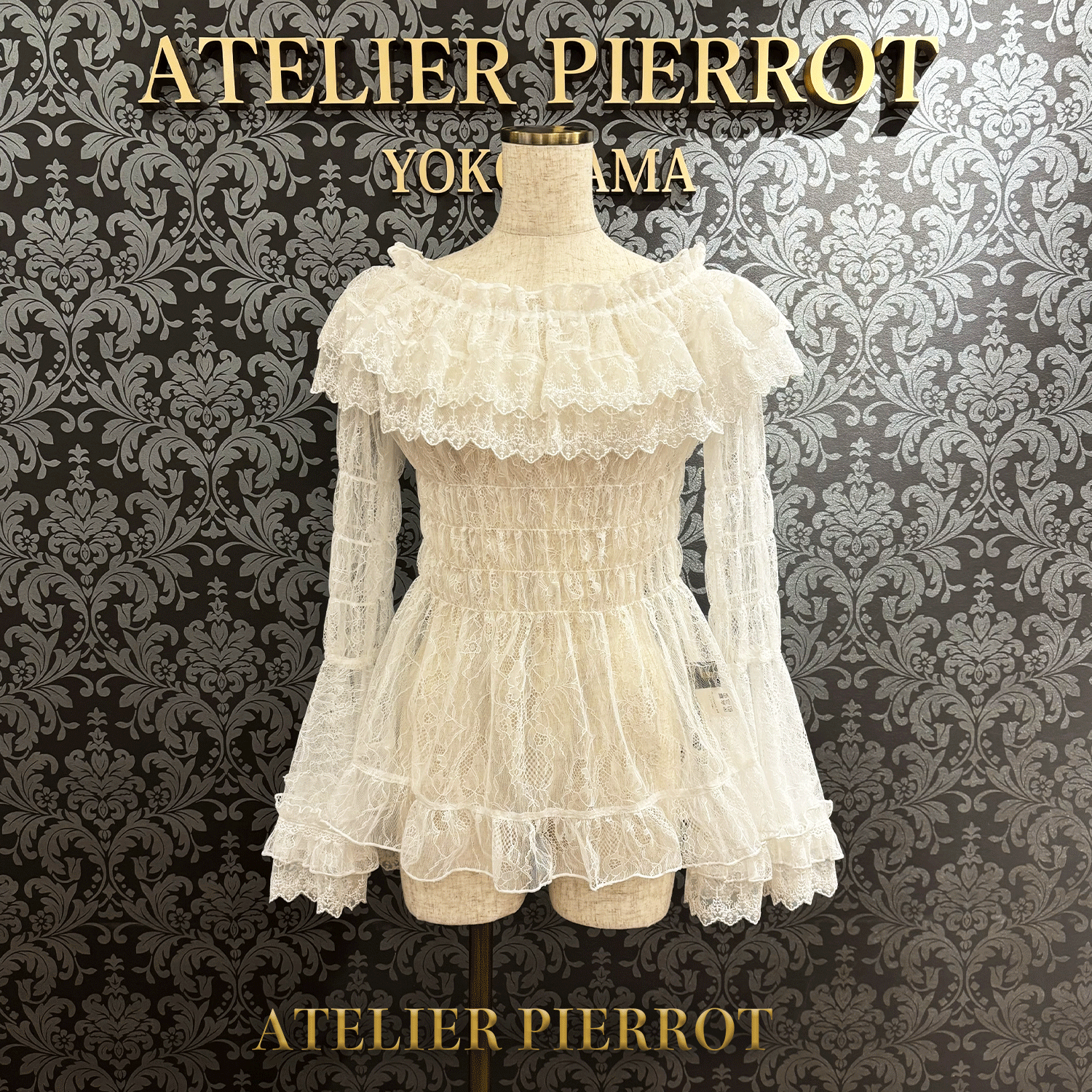 【ATELIER PIERROT】 Shirring princess sleeve blouse-Lace- White/Ivory/Bordeaux/Navy/ Black