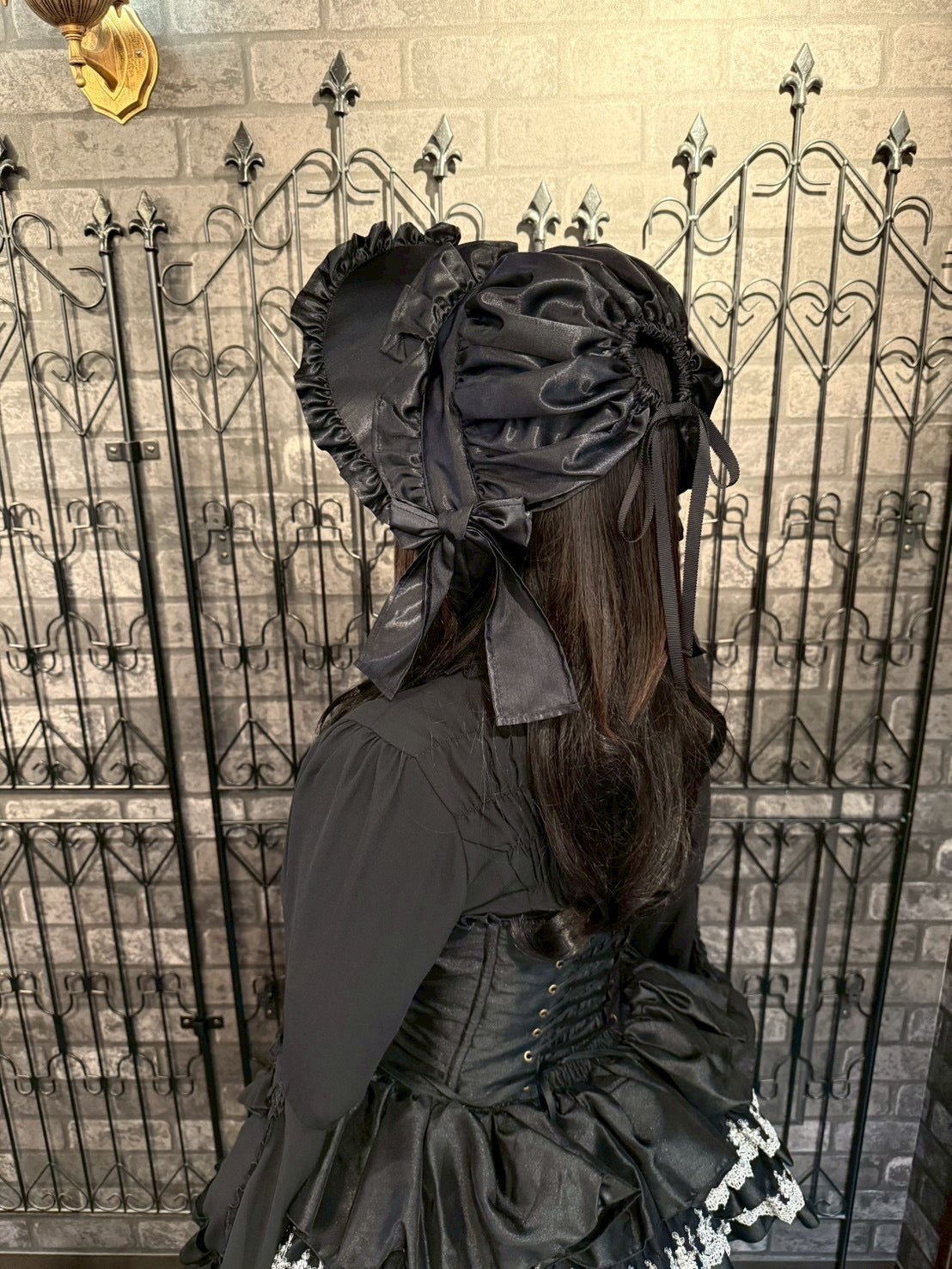 【HERHUM】ハーハム おりぼんちゃんフルボンネット(シャンタン ver.) ホワイト/ブラック×ホワイトレース/ブラック