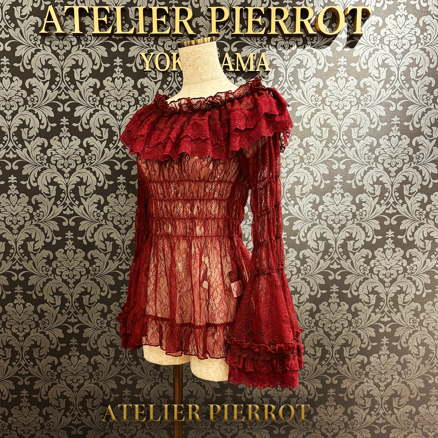 【ATELIER PIERROT】 Shirring princess sleeve blouse-Lace- White/Ivory/Bordeaux/Navy/ Black