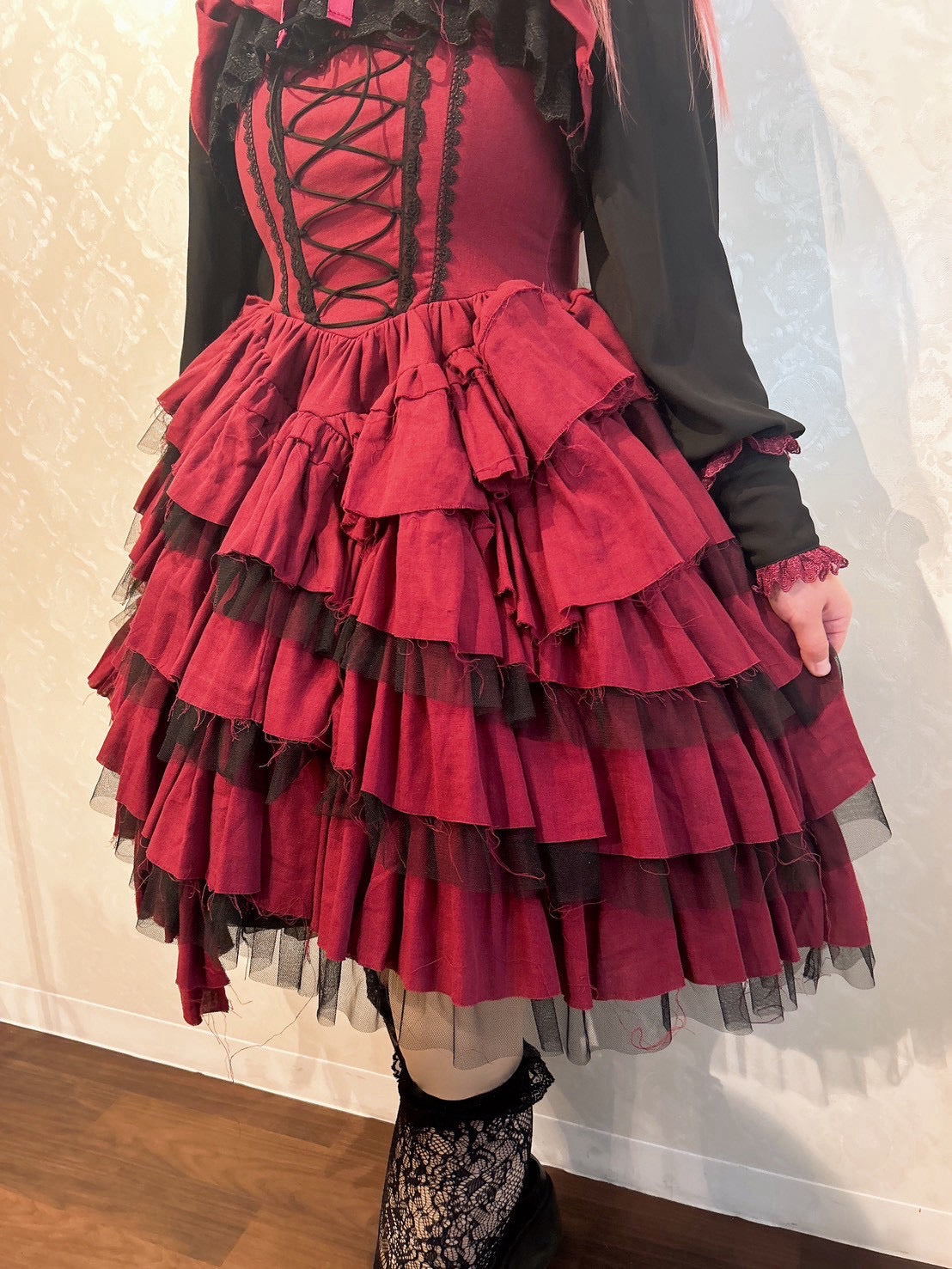 【Vallée lys】ヴァレリス Nonette Gauze Jumperskirt ボルドー/グレー/ブラック サイズ1