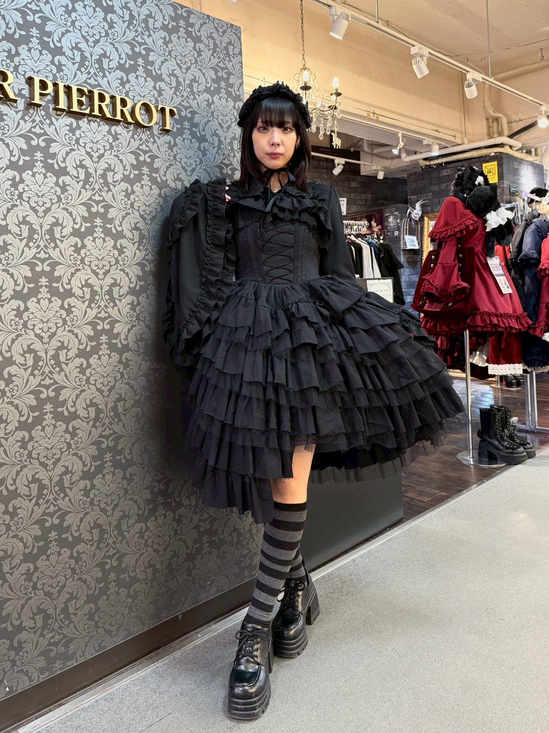 【Vallée lys】ヴァレリス Nonette Gauze Jumperskirt ボルドー/グレー/ブラック サイズ1