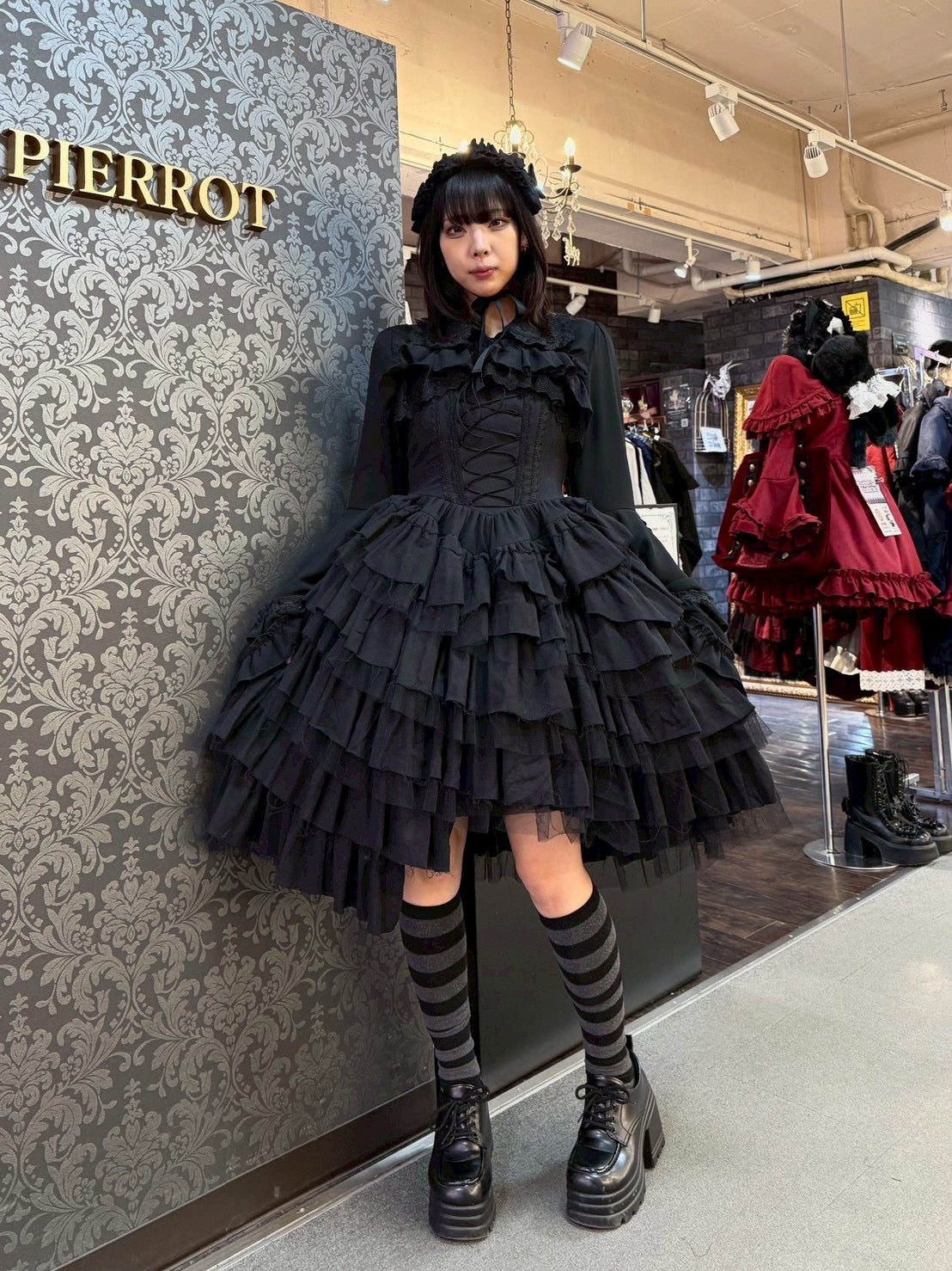 【Vallée lys】ヴァレリス Nonette Gauze Jumperskirt ボルドー/グレー/ブラック サイズ1