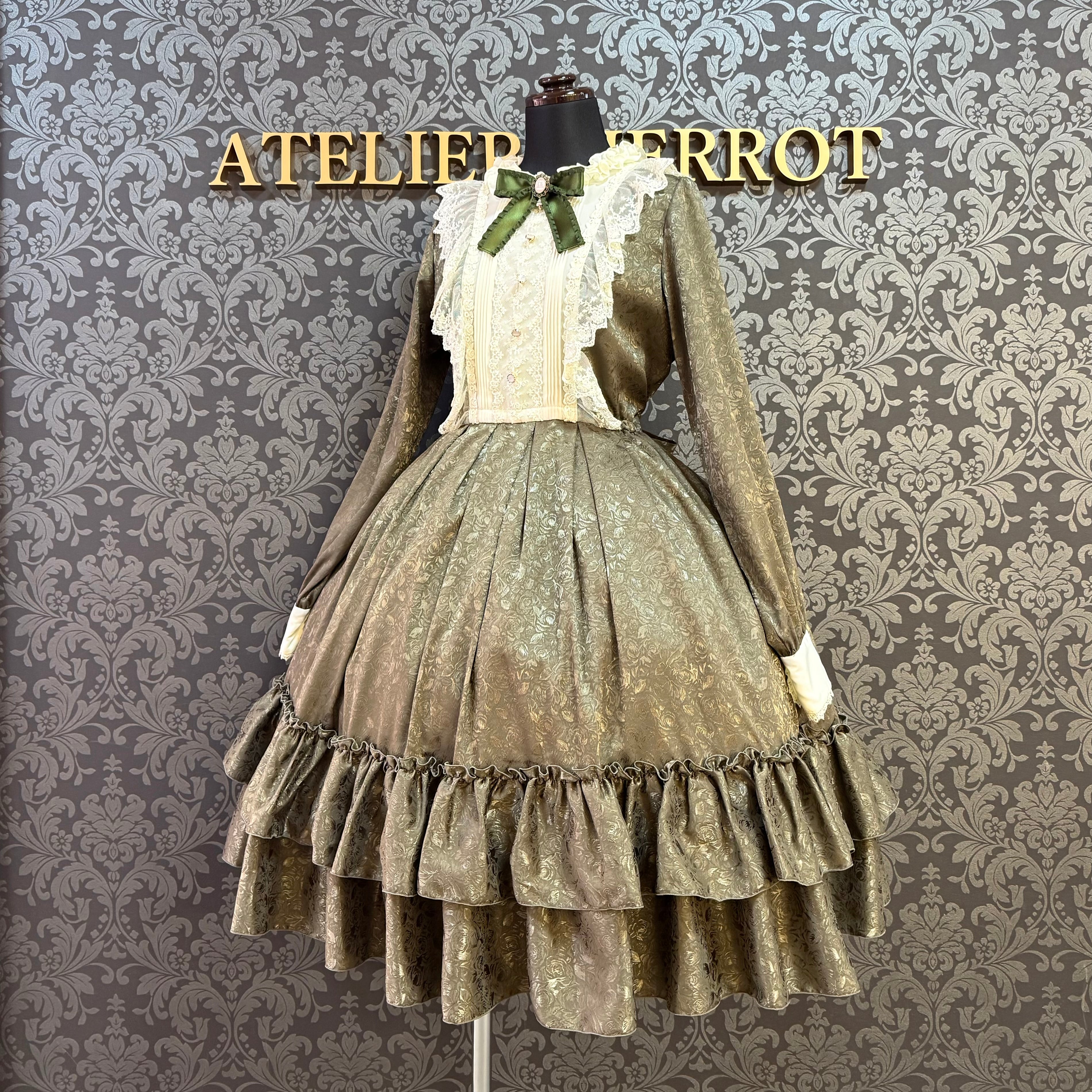 【Pina sweet collection】ピナスイートコレクション ローズジャガードワンピース ミモレ丈 アーミーグリーン/ワイン/ブラック×ホワイト/ブラック×ブラック