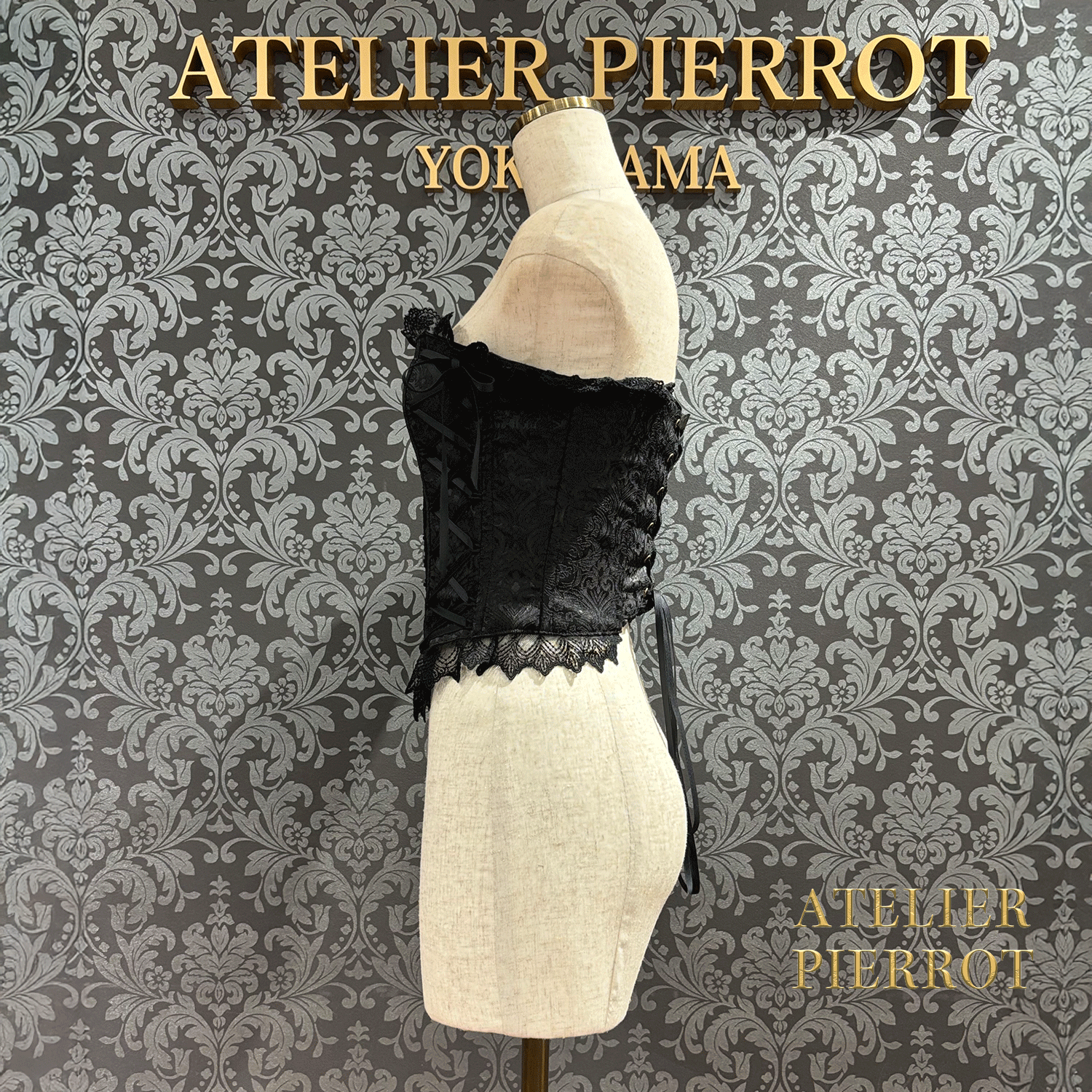 【ATELIER PIERROT】 Lace Up Long Corset White/Wine Jacquard/Navy Jacquard/Black x White Jacquard/Black Jacquard
