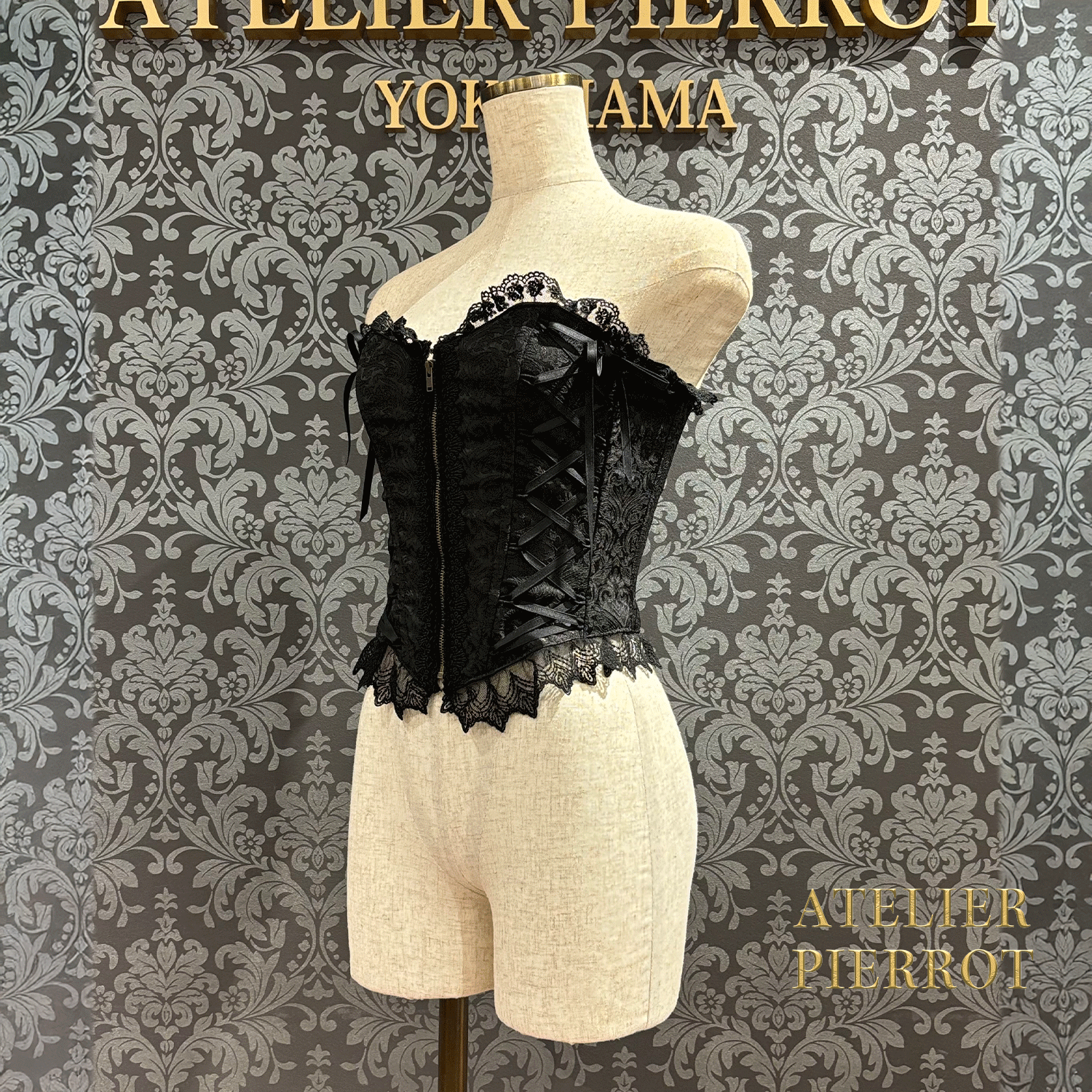 【ATELIER PIERROT】 Lace Up Long Corset White/Wine Jacquard/Navy Jacquard/Black x White Jacquard/Black Jacquard