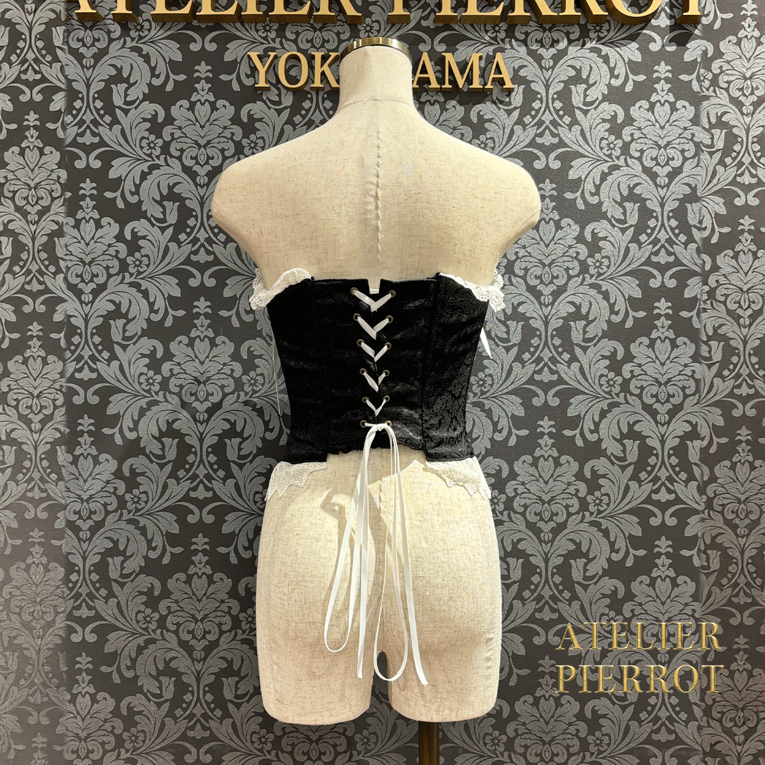 【ATELIER PIERROT】 Lace Up Long Corset White/Wine Jacquard/Navy Jacquard/Black x White Jacquard/Black Jacquard