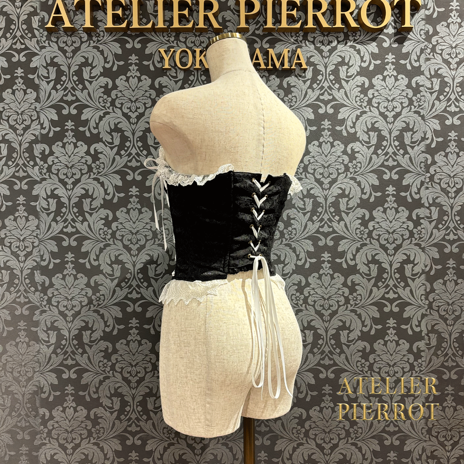 【ATELIER PIERROT】 Lace Up Long Corset White/Wine Jacquard/Navy Jacquard/Black x White Jacquard/Black Jacquard