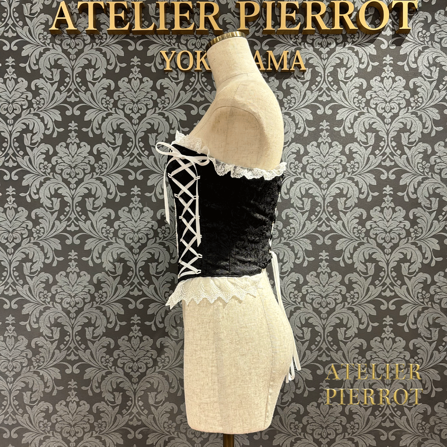 【ATELIER PIERROT】 Lace Up Long Corset White/Wine Jacquard/Navy Jacquard/Black x White Jacquard/Black Jacquard