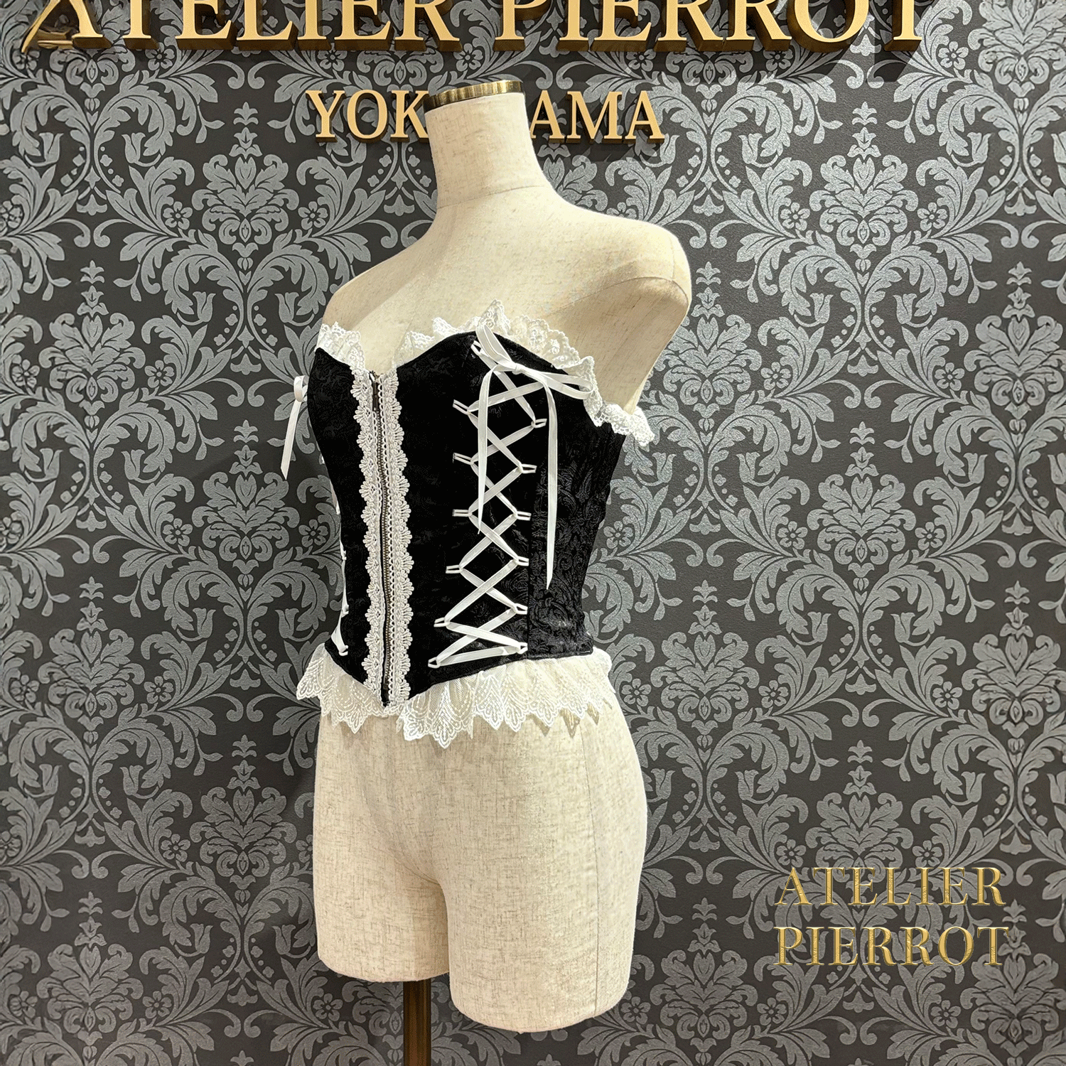 【ATELIER PIERROT】 Lace Up Long Corset White/Wine Jacquard/Navy Jacquard/Black x White Jacquard/Black Jacquard