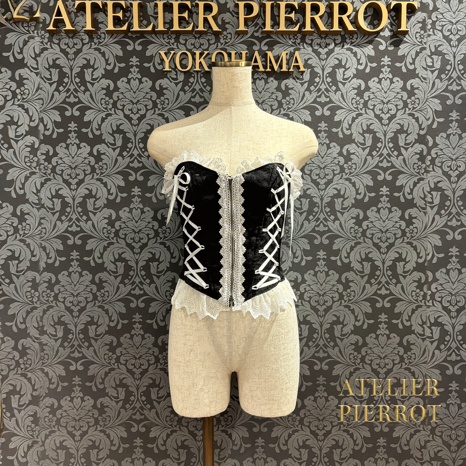 【ATELIER PIERROT】 Lace Up Long Corset White/Wine Jacquard/Navy Jacquard/Black x White Jacquard/Black Jacquard