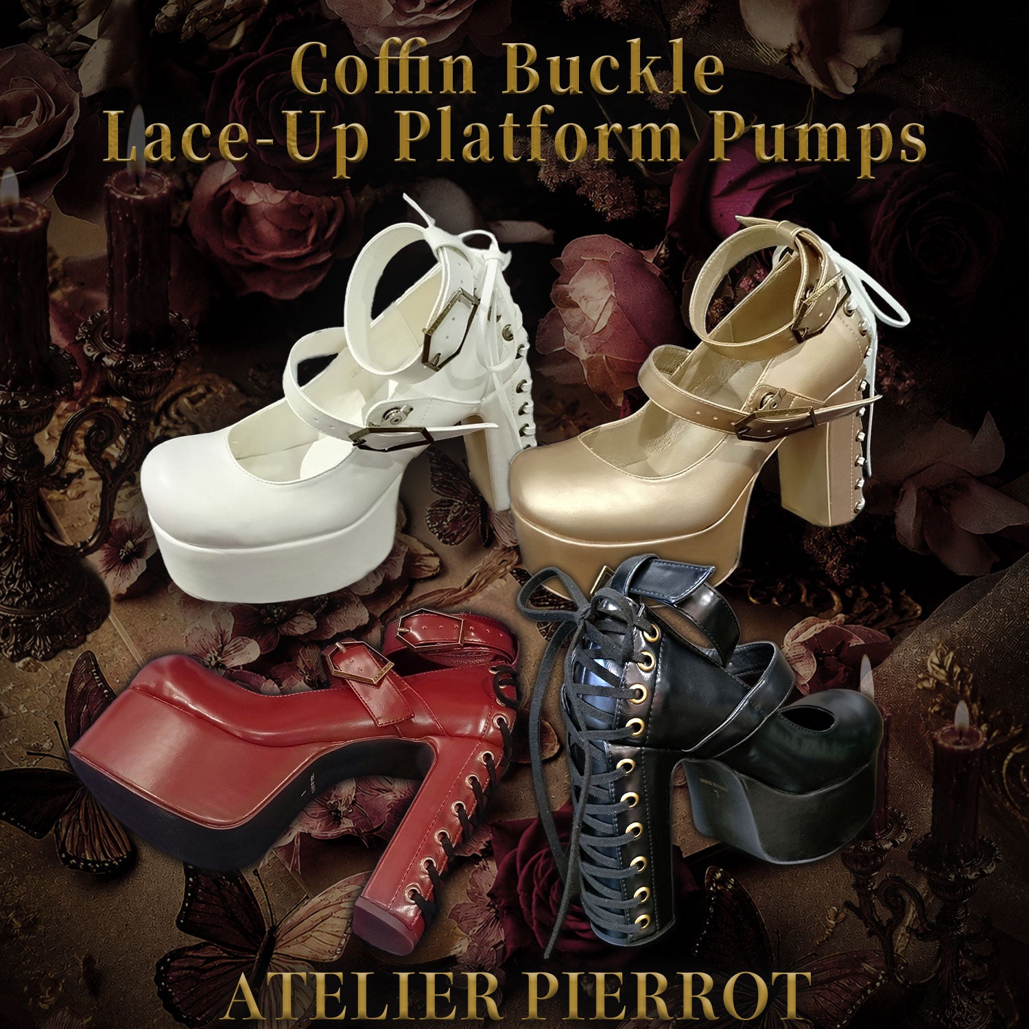 【ATELIER PIERROT】 ★ご予約受付中★ Coffin Buckle Lace-Up Platform Pumps ホワイト/ボルドー/ゴールド/ブラック S/M/L/XL