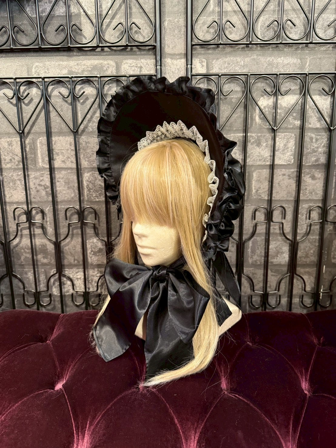 【HERHUM】ハーハム おりぼんちゃんフルボンネット(シャンタン ver.) ホワイト/ブラック×ホワイトレース/ブラック